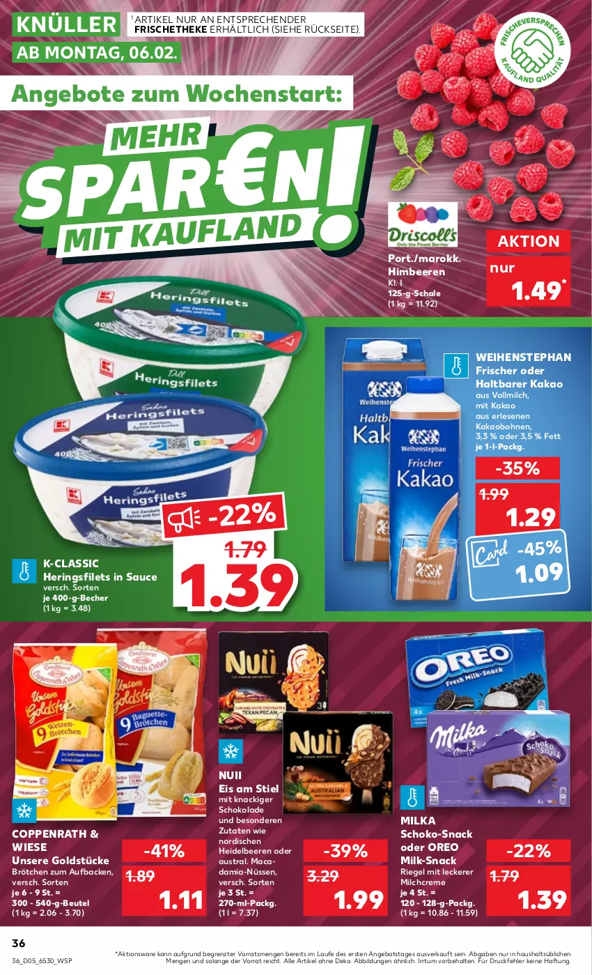 Aktueller Prospekt Kaufland - von 02.02 bis 08.02.2023 - strona 36 - produkty: angebot, angebote, aust, Becher, beere, beeren, beutel, bohne, bohnen, brötchen, coppenrath, creme, eis, filet, filets, Goldstücke, heidelbeere, heidelbeeren, hering, Herings, heringsfilets, himbeer, himbeere, himbeeren, kakao, mac, macadamia, milch, milka, nuii, oreo, riegel, ring, sauce, Schal, Schale, schoko, schokolade, snack, Ti, vollmilch, weihenstephan, ZTE