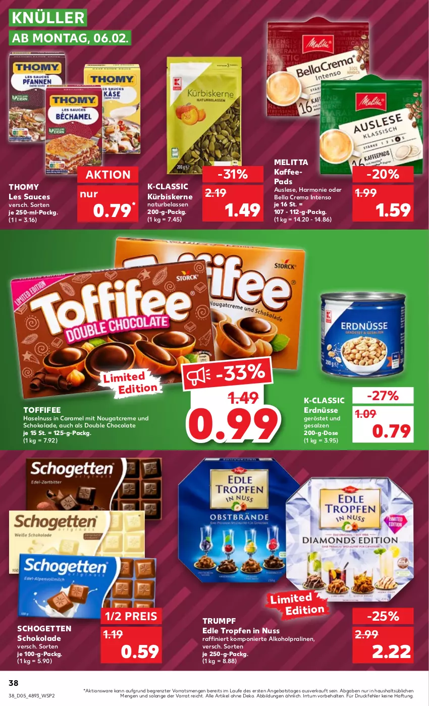 Aktueller Prospekt Kaufland - von 02.02 bis 08.02.2023 - strona 38 - produkty: alkohol, angebot, bella crema, caramel, cola, creme, eis, erdnüsse, haselnuss, intenso, kaffee, kaffeepads, Kürbis, kürbiskerne, melitta, natur, Nougatcreme, nuss, pralinen, reis, rum, salz, sauce, schogetten, schoko, schokolade, thomy, thomy les sauces, Ti, toffifee, ZTE