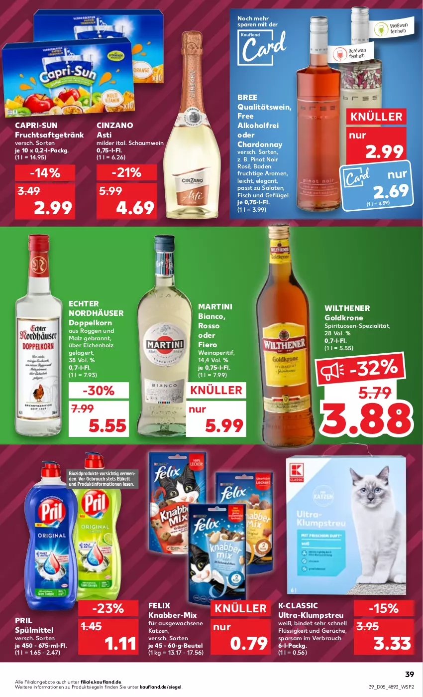 Aktueller Prospekt Kaufland - von 02.02 bis 08.02.2023 - strona 39 - produkty: alkohol, angebot, angebote, aperitif, asti, Bad, beutel, bree, Cap, capri-sun, chardonnay, cin, cinzano, Cinzano Asti, doppelkorn, felix, fisch, frucht, fruchtsaft, fruchtsaftgetränk, Geflügel, getränk, goldkrone, Holz, klumpstreu, korn, krone, malz, martini, Pinot, pinot noir, pril, qualitätswein, Rauch, roséwein, saft, salat, salate, Spezi, spirituosen, spülmittel, Ti, wein, Weißwein, wilthener, Wilthener Goldkrone