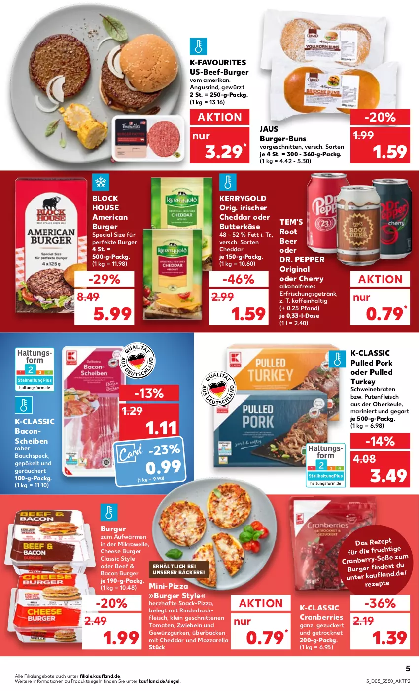 Aktueller Prospekt Kaufland - von 02.02 bis 08.02.2023 - strona 5 - produkty: alkohol, angebot, angebote, bacon, Bau, beef, braten, burger, butter, butterkäse, cheddar, cranberries, cranberry, eis, elle, erfrischungsgetränk, fleisch, frucht, getränk, gewürz, Gewürzgurke, gewürzgurken, gin, gurke, gurken, hackfleisch, Käse, kerrygold, mikrowelle, mozzarella, pizza, Pulled Pork, pute, Putenfleisch, rel, rezept, rezepte, rind, rinder, rinderhackfleisch, schnitten, schwein, schweine, schweinebraten, snack, Speck, Ti, tomate, tomaten, wein, weine, zucker, zwiebel, zwiebeln