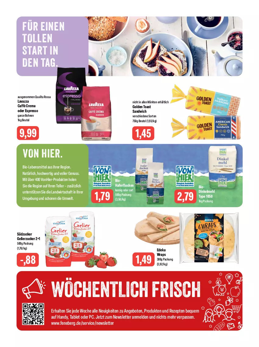 Aktueller Prospekt Feneberg - Prospekte - von 03.08 bis 05.08.2023 - strona 10 - produkty: angebot, angebote, beutel, bio, bohne, bohnen, caffè crema, deka, dinkelmehl, elle, espresso, gelierzucker, golden toast, hafer, haferflocken, Handy, lavazza, lebensmittel, mehl, nuss, oder espresso, rezept, rezepte, sandwich, südzucker, tablet, teller, Ti, toast, wrap, wraps, zucker