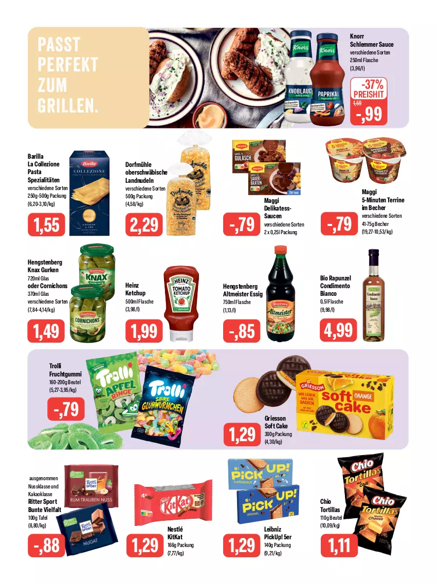 Aktueller Prospekt Feneberg - Prospekte - von 03.08 bis 05.08.2023 - strona 11 - produkty: barilla, Becher, beutel, bio, condimento, Condimento Bianco, eis, essig, flasche, frucht, fruchtgummi, griesson, grill, gurke, gurken, heinz, hengstenberg, Hengstenberg Altmeister, kakao, ketchup, kitkat, knorr, leibniz, maggi, Meister, nestlé, nudel, nudeln, nuss, pasta, reis, ritter, ritter sport, sauce, saucen, Spezi, Sport, terrine, Ti, tortilla, tortillas, trolli, trolli fruchtgummi