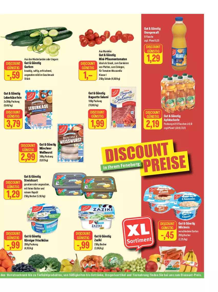 Aktueller Prospekt Feneberg - Prospekte - von 03.08 bis 05.08.2023 - strona 9 - produkty: apfel, Apfelschorle, baguette, Becher, butter, discount, eis, flasche, frischkäse, garnier, getränk, getränke, gurke, gurken, Käse, Körniger Frischkäse, latte, leberkäs, leberkäse, mac, milch, milchreis, mozzarella, orange, orangen, orangensaft, pflaume, pflaumen, rapsöl, reis, rel, saft, salami, salz, Schal, Schale, schorle, Schrank, snack, Streichzart, Ti, tiernahrung, tomate, tomaten, vorratsschrank, Weißwurst, wurst, zaziki