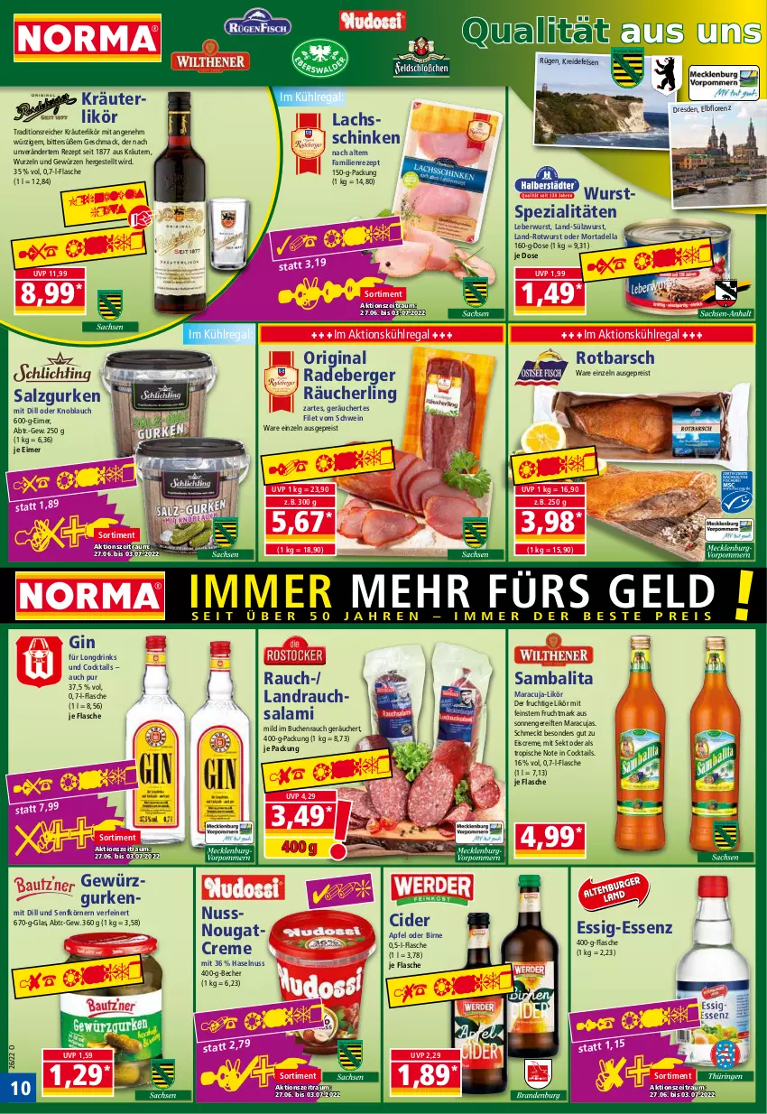 Aktueller Prospekt Norma - Norma - von 27.06 bis 04.07.2022 - strona 10 - produkty: apfel, Becher, Berger, buch, cider, cocktail, cocktails, creme, dell, drink, drinks, eimer, eis, eiscreme, essig, filet, flasche, frucht, Fruchtmark, gewürz, Gewürzgurke, gewürzgurken, gin, gurke, gurken, haselnuss, knoblauch, kräuter, kräuterlikör, kräutern, Kreide, kühlregal, lachs, lachsschinken, leberwurst, likör, lorenz, mac, maracuja, mortadella, Nougatcreme, nuss, radeberger, Rauch, Räucherling, regal, reis, rezept, Rotbarsch, Rotwurst, salami, salz, schinken, schwein, sekt, senf, Spezi, Ti, wein, wurst