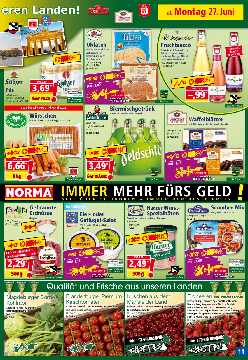 Aktueller Prospekt Norma - Norma - von 27.06 bis 04.07.2022 - strona 11 - produkty: apfel, auer, Becher, beere, beeren, bier, Blaubeer, blaubeere, burger, creme, ecco, eier, eis, erdbeere, erdbeeren, erdnüsse, felgen, flasche, frucht, fruchtsecco, Garten, Gebrannte Erdnüsse, Geflügel, getränk, grana, granatapfel, grapefruit, himbeer, himbeere, johannisbeere, kirsch, kirsche, kirschen, kohlrabi, kühlregal, leberwurst, LG, mango, milch, natur, Oblaten, obst, obstgarten, pfirsich, pils, radieschen, radler, Rana, regal, reis, ring, Rotwurst, sac, salat, schoko, schokolade, Spezi, spreewaldhof, Ti, tiefpreis, tomate, tomaten, und gemüse, wurst, würstchen, Zartbitterschokolade