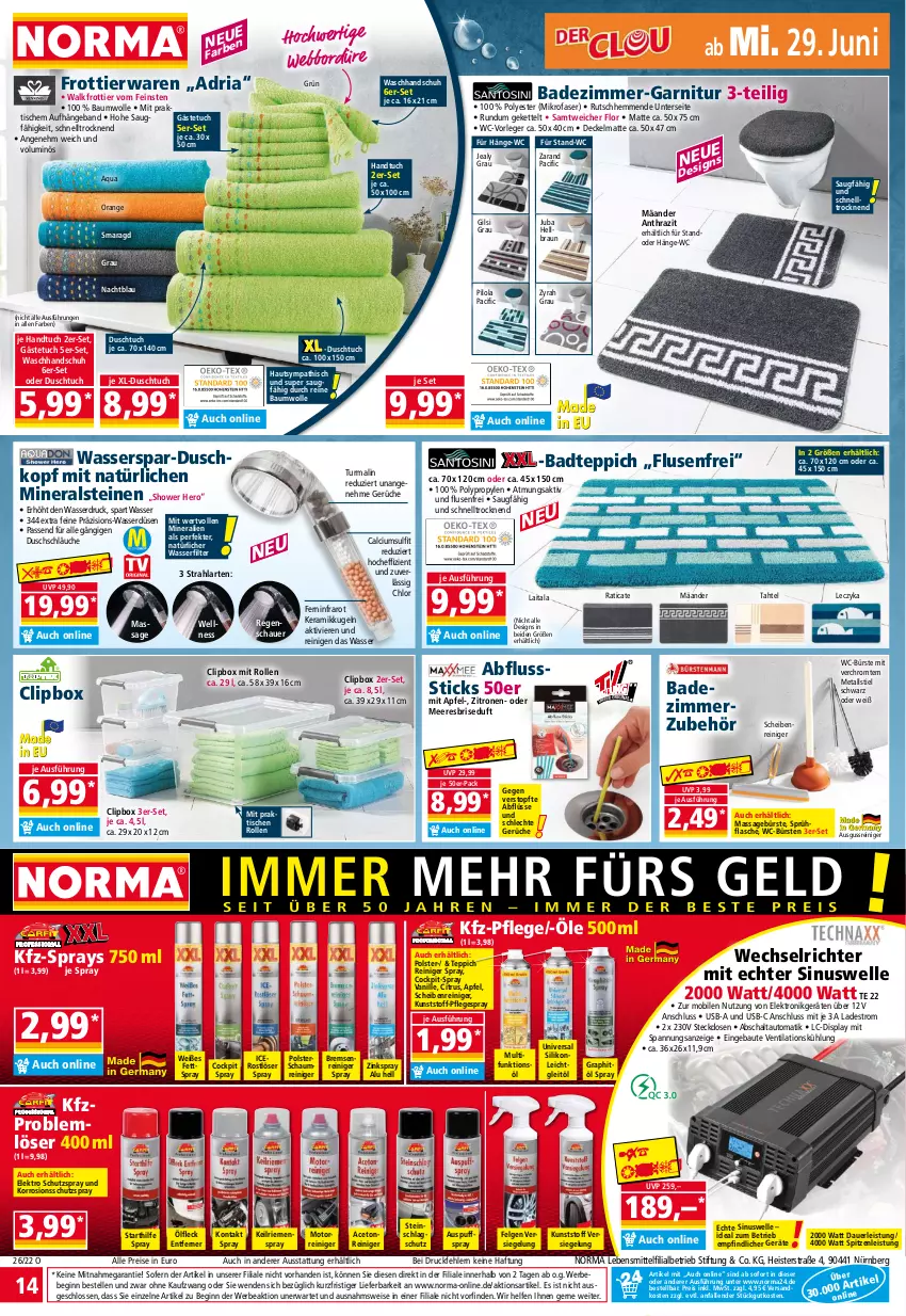 Aktueller Prospekt Norma - Norma - von 27.06 bis 04.07.2022 - strona 14 - produkty: aceto, apfel, aqua, auer, auto, Bad, badteppich, Bau, baumwolle, Bebe, braun, bürste, bürsten, Calcium, Cif, citrus, decke, Deckel, duschtuch, eis, Elektro, elle, felgen, flasche, garnitur, gästetuch, gin, handtuch, hero, Kette, Kugel, lebensmittel, LG, mikrofaser, ndk, orange, passend für alle, Pflegespray, reine baumwolle, reiniger, reis, Ria, Schal, Scheibenreiniger, schläuche, senf, sprühflasche, steckdose, teppich, Ti, tisch, topf, tuc, usb, vanille, waschhandschuh, wasser, wasserfilter, WC-Bürste, WC-Vorleger, wolle, zitrone, zitronen