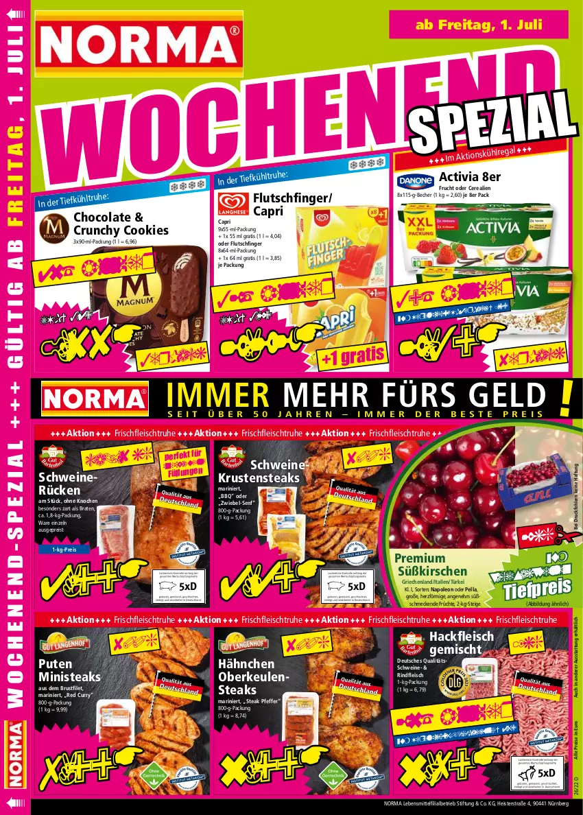 Aktueller Prospekt Norma - Norma - von 27.06 bis 04.07.2022 - strona 16 - produkty: activia, Becher, braten, brustfilet, Cap, cerealien, cola, cookie, cookies, curry, eis, filet, fleisch, frucht, früchte, hackfleisch, hackfleisch gemischt, kirsch, kirsche, kirschen, lebensmittel, pfeffer, pute, regal, reis, rind, rindfleisch, schwein, schweine, schweinerücken, senf, steak, steaks, Ti, tiefpreis, wein, weine, zwiebel