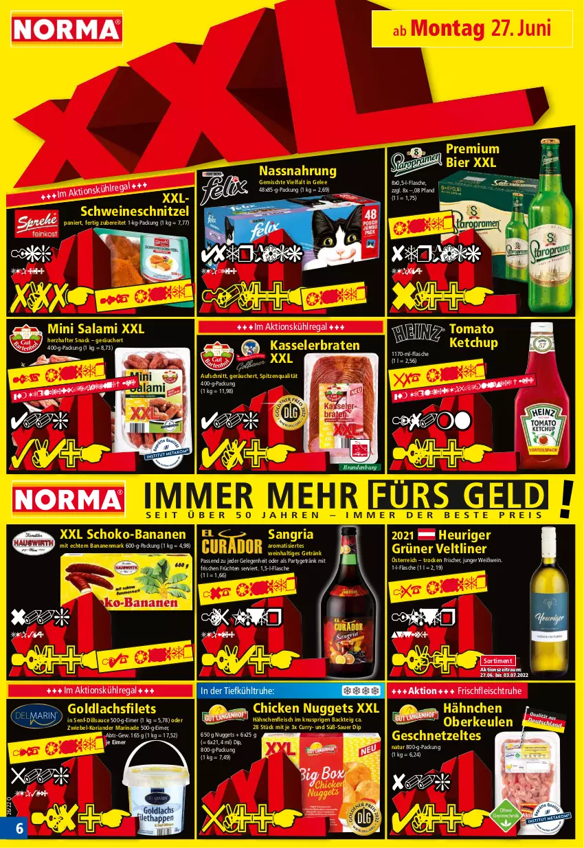 Aktueller Prospekt Norma - Norma - von 27.06 bis 04.07.2022 - strona 6 - produkty: auer, aufschnitt, banane, bananen, bier, braten, chicken nuggets, curry, dip, eimer, eis, filet, filets, flasche, fleisch, früchte, früchten, gelee, geschnetzeltes, getränk, grüner veltliner, Hähnchenfleisch, Heu, kasseler, Kasselerbraten, ketchup, Koriander, kühlregal, lachs, lachsfilet, lachsfilets, marinade, Nassnahrung, natur, nuggets, regal, Ria, salami, sangria, sauce, schnitzel, schoko, schwein, schweine, schweineschnitzel, senf, snack, spitzenqualität, Ti, tomato ketchup, wein, weine, Weißwein, Zelt, zwiebel