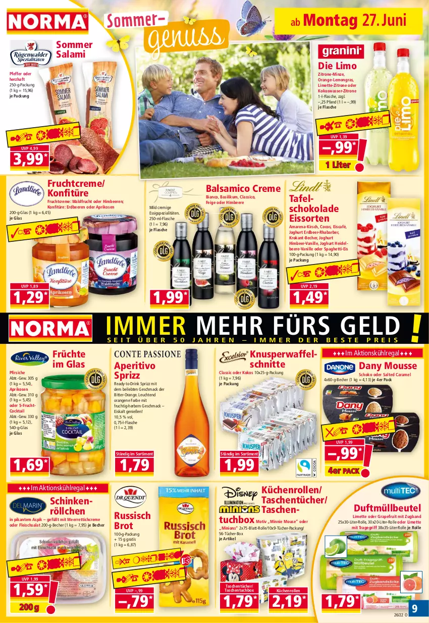 Aktueller Prospekt Norma - Norma - von 27.06 bis 04.07.2022 - strona 9 - produkty: aprikose, aprikosen, balsam, balsamico, basilikum, Becher, beere, beeren, beutel, brot, caramel, classico, cocktail, cocos, creme, Dany, drink, eis, erdbeere, erdbeeren, essig, flasche, fleisch, fleischsalat, frucht, früchte, grapefruit, heidelbeere, himbeer, himbeere, himbeeren, joghur, joghurt, kirsch, kokos, Kokoswasser, konfitüre, küche, Küchen, küchenrolle, küchenrollen, kühlregal, Leuchte, leuchten, limette, limo, mac, meerrettich, Mett, minze, mit frucht, mousse, müllbeutel, nuss, orange, orangen, pfeffer, pfirsich, pfirsiche, regal, Rettich, rhabarber, russisch brot, salami, salat, schinken, schoko, schokolade, spaghetti, Spezi, Sprizz, tafelschokolade, Tasche, taschen, taschentücher, Ti, tragegriff, tuc, tücher, vanille, Waffelschnitte, wasser, zitrone