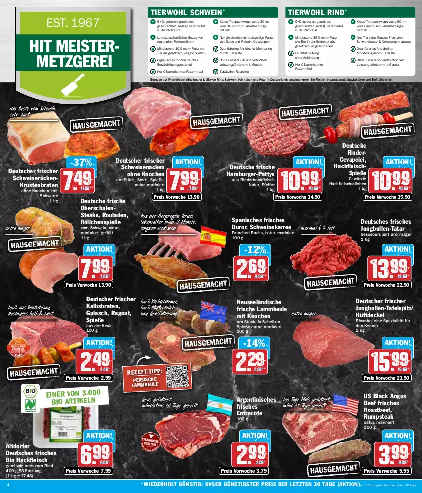 Aktueller Prospekt Hit - Wochenprospekt - von 18.03 bis 23.03.2024 - strona 4 - produkty: auer, Bau, Bauer, beef, bio, braten, burger, cevapcici, decke, Deckel, eis, entrecôte, fleisch, Fleischspieße, Geflügel, gewürz, gulasch, hackfleisch, hamburger, jungbullen, krustenbraten, lack, lamm, lammkeule, mais, Meister, milch, monitor, natur, pfeffer, pute, Ragout, reis, Ria, rind, rinder, rinderhackfleisch, ring, roastbeef, rouladen, rum, rumpsteak, Schal, Schale, schwein, schweine, schweinenacken, schweinerücken, Spezi, Sport, steak, steaks, tafelspitz, Ti, Tiere, tisch, wein, weine, ZTE