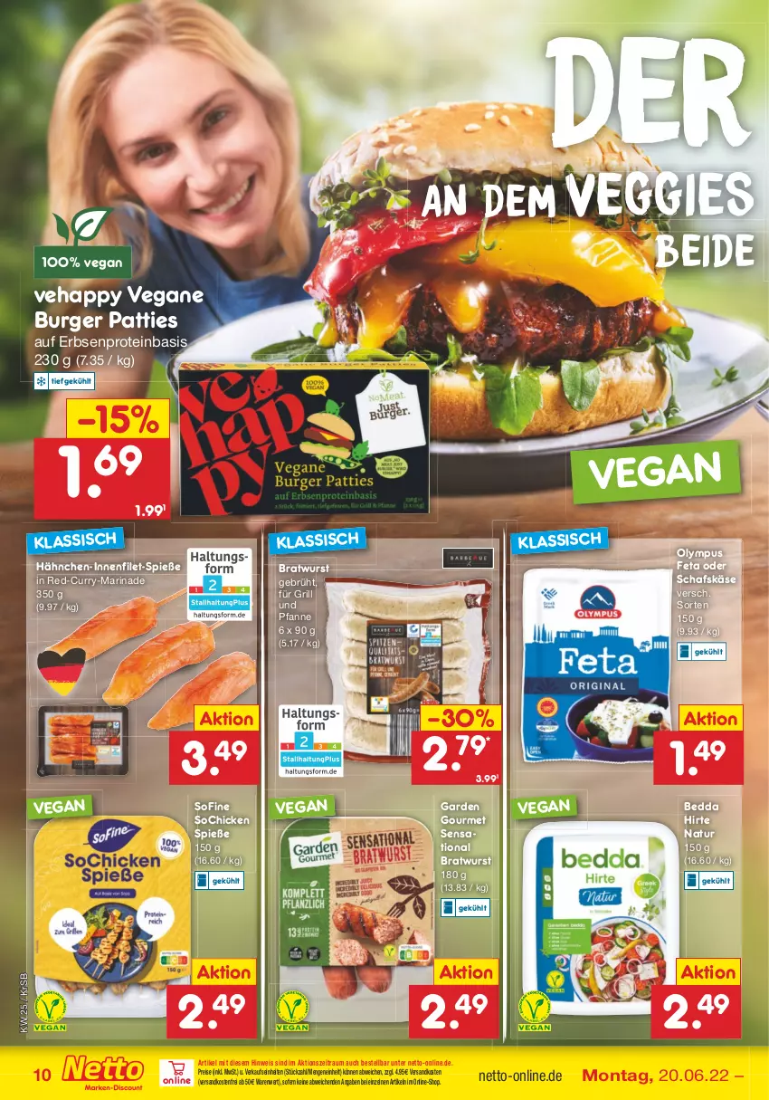 Aktueller Prospekt Netto Marken-Discount - Filial-Angebote - von 20.06 bis 25.06.2022 - strona 10 - produkty: bratwurst, burger, curry, eis, erbsen, feta, filet, für grill und pfanne, garden gourmet, grill, grill und pfanne, Käse, marinade, natur, ndk, pfanne, reis, schafskäse, Ti, und pfanne, veggie, versandkostenfrei, wurst