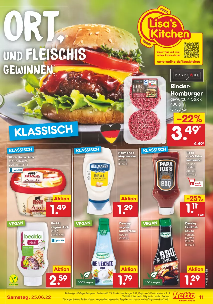 Aktueller Prospekt Netto Marken-Discount - Filial-Angebote - von 20.06 bis 25.06.2022 - strona 11 - produkty: aioli, angebot, bestpreis, bratwurst, burger, creme, develey, eis, feinkost, fleisch, gewürz, hamburger, knoblauch, mayonnaise, mit knoblauch, reis, rind, rinder, salat, salatcreme, sauce, Ti, wurst, Yo, ZTE