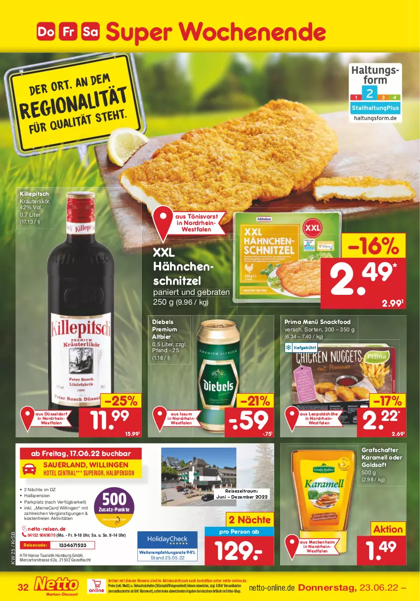 Aktueller Prospekt Netto Marken-Discount - Filial-Angebote - von 20.06 bis 25.06.2022 - strona 32 - produkty: auer, bier, braten, buch, diebels, eis, goldsaft, grafschafter, Hähnchenschnitzel, karamell, kräuter, kräuterlikör, likör, ndk, reis, saft, schnitzel, snack, Ti, uhr, versandkostenfrei