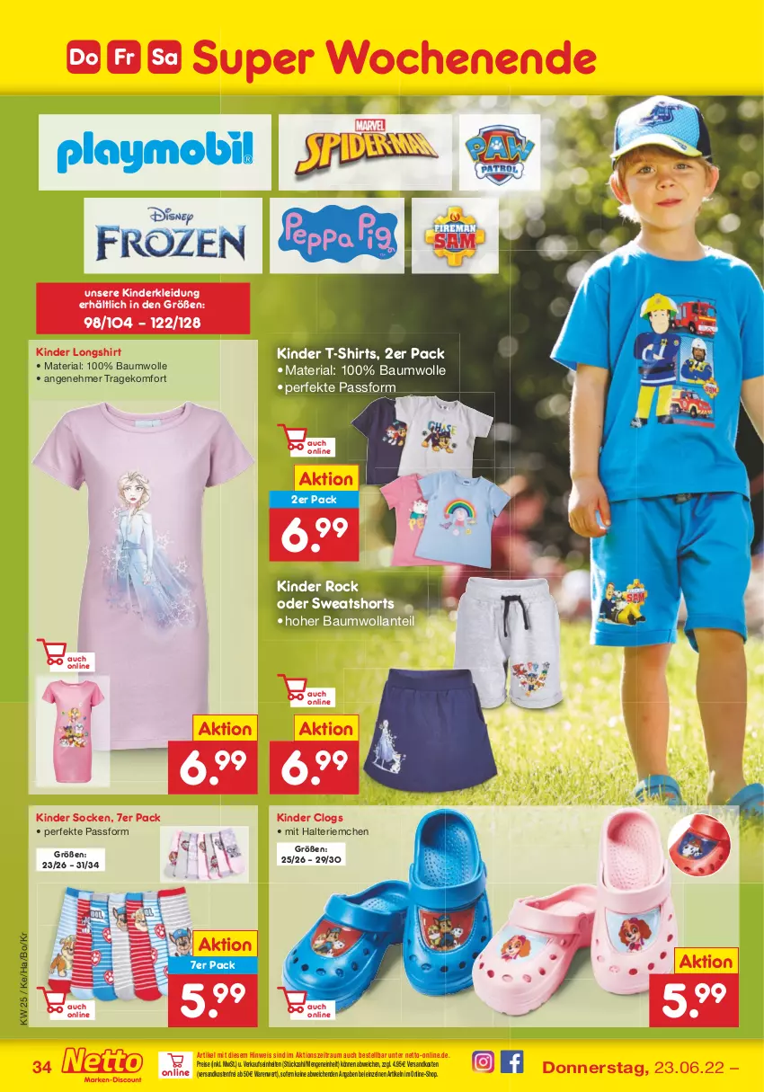 Aktueller Prospekt Netto Marken-Discount - Filial-Angebote - von 20.06 bis 25.06.2022 - strona 34 - produkty: Bau, baumwolle, Clogs, eis, Kinder, kleid, Kleidung, ndk, reis, Ria, shirt, shirts, shorts, socken, sweatshorts, T-Shirt, Ti, versandkostenfrei, wolle