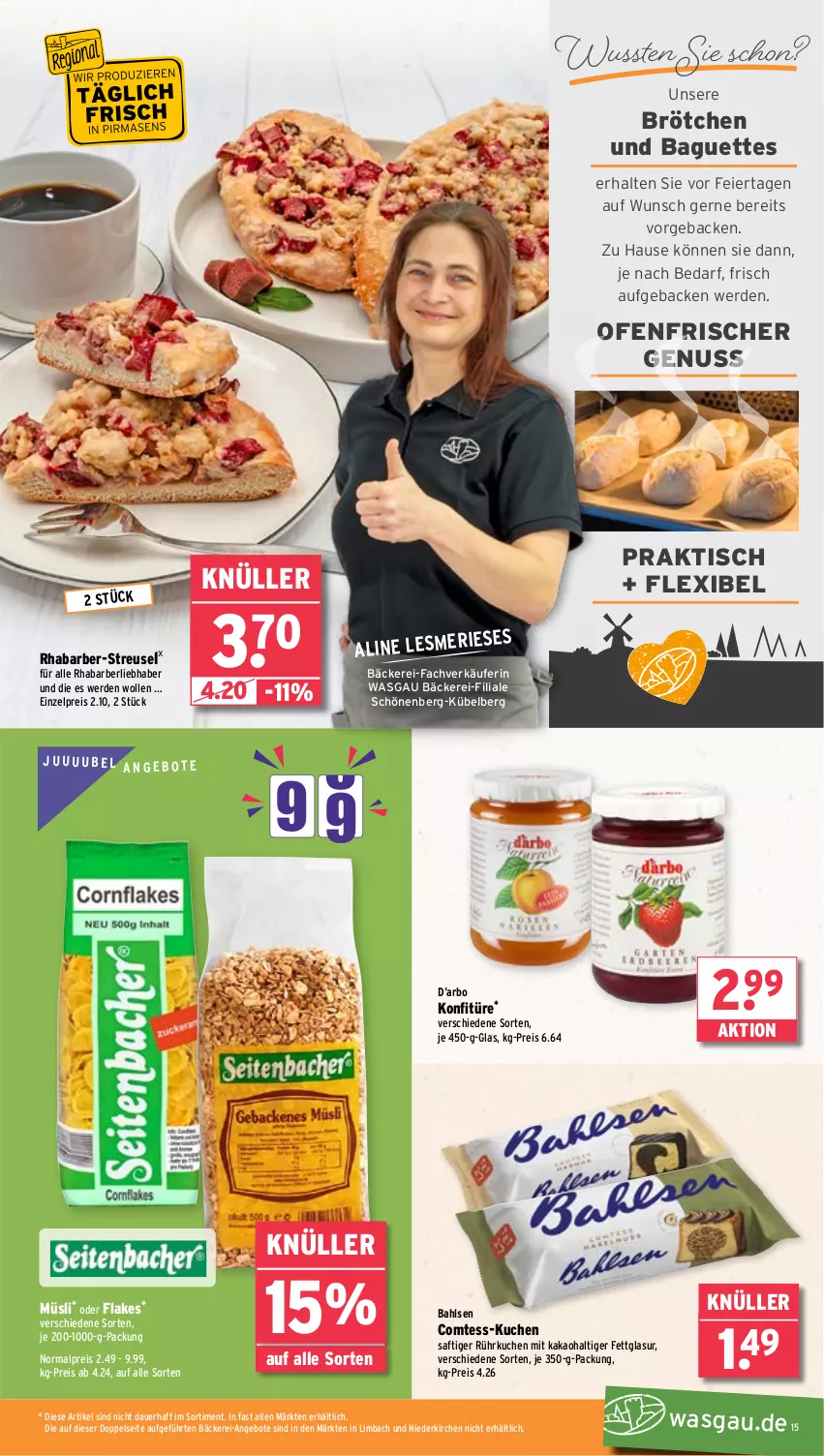 Aktueller Prospekt Wasgau - von 27.05 bis 01.06.2024 - strona 15 - produkty: angebot, angebote, auer, baguette, baguettes, bahlsen, brötchen, comtess, eier, eis, erde, flakes, geback, kakao, konfitüre, kuchen, müsli, nuss, Ofen, reis, rhabarber, saft, Ti, tisch, wolle