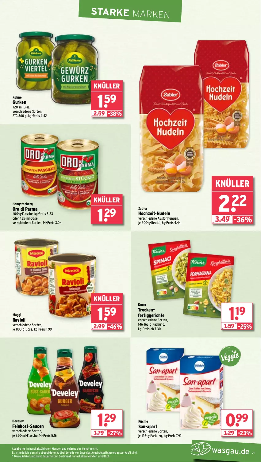 Aktueller Prospekt Wasgau - von 27.05 bis 01.06.2024 - strona 21 - produkty: angebot, auer, beutel, develey, eis, feinkost, fertiggericht, fertiggerichte, flasche, gurke, gurken, hengstenberg, knorr, Kühne, maggi, nudel, nudeln, oro di parma, ravioli, reis, sauce, saucen, Ti, Zabler