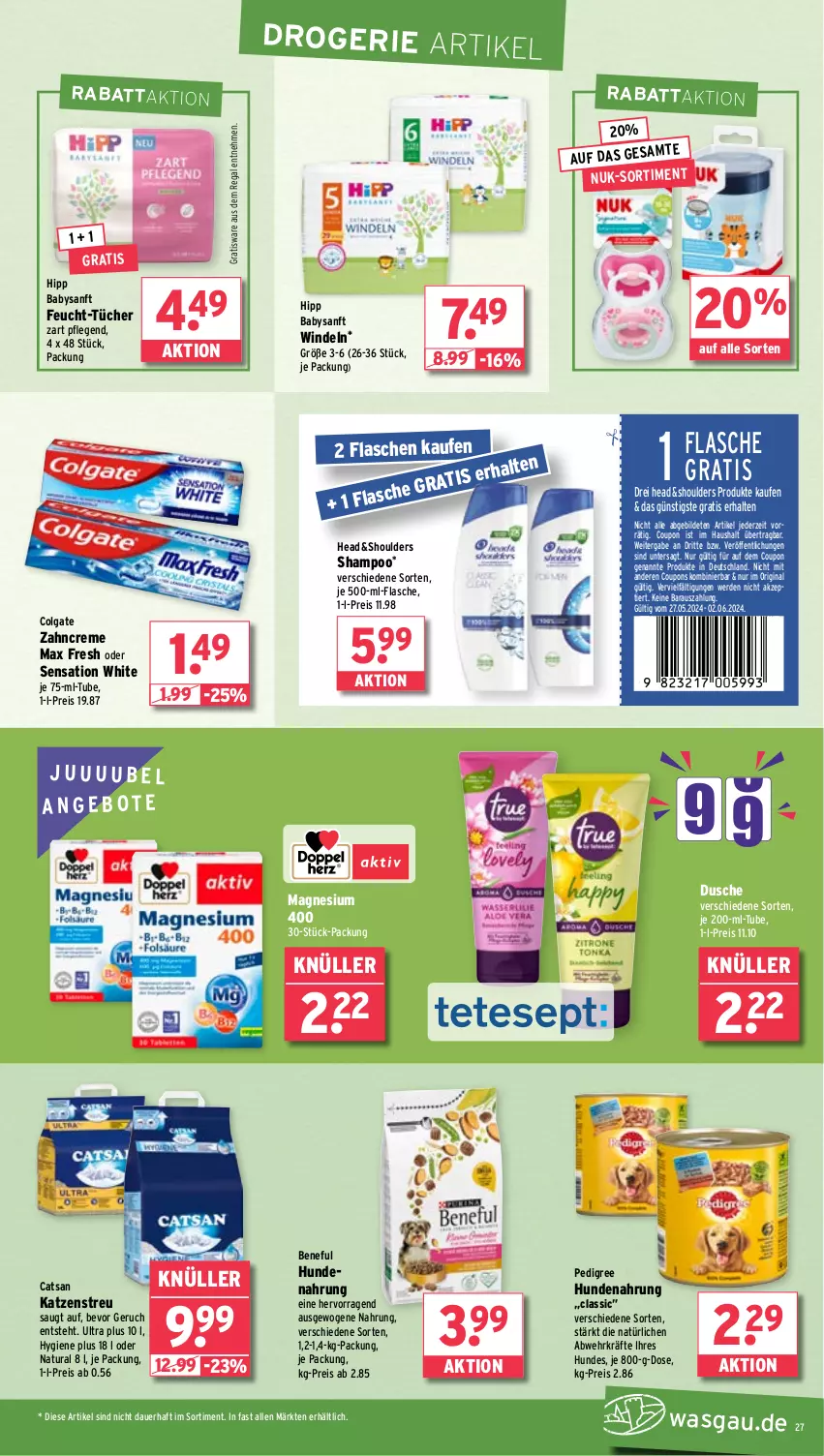 Aktueller Prospekt Wasgau - von 27.05 bis 01.06.2024 - strona 27 - produkty: angebot, angebote, auer, catsan, colgate, coupon, coupons, creme, dusche, eis, erde, flasche, gin, hipp, hundenahrung, je 500-ml-flasche, Katzenstreu, LG, magnesium, magnesium 400, Max Fresh, natur, natura, nuk, pedigree, regal, reis, shampoo, Ti, tücher, windeln, zahncreme