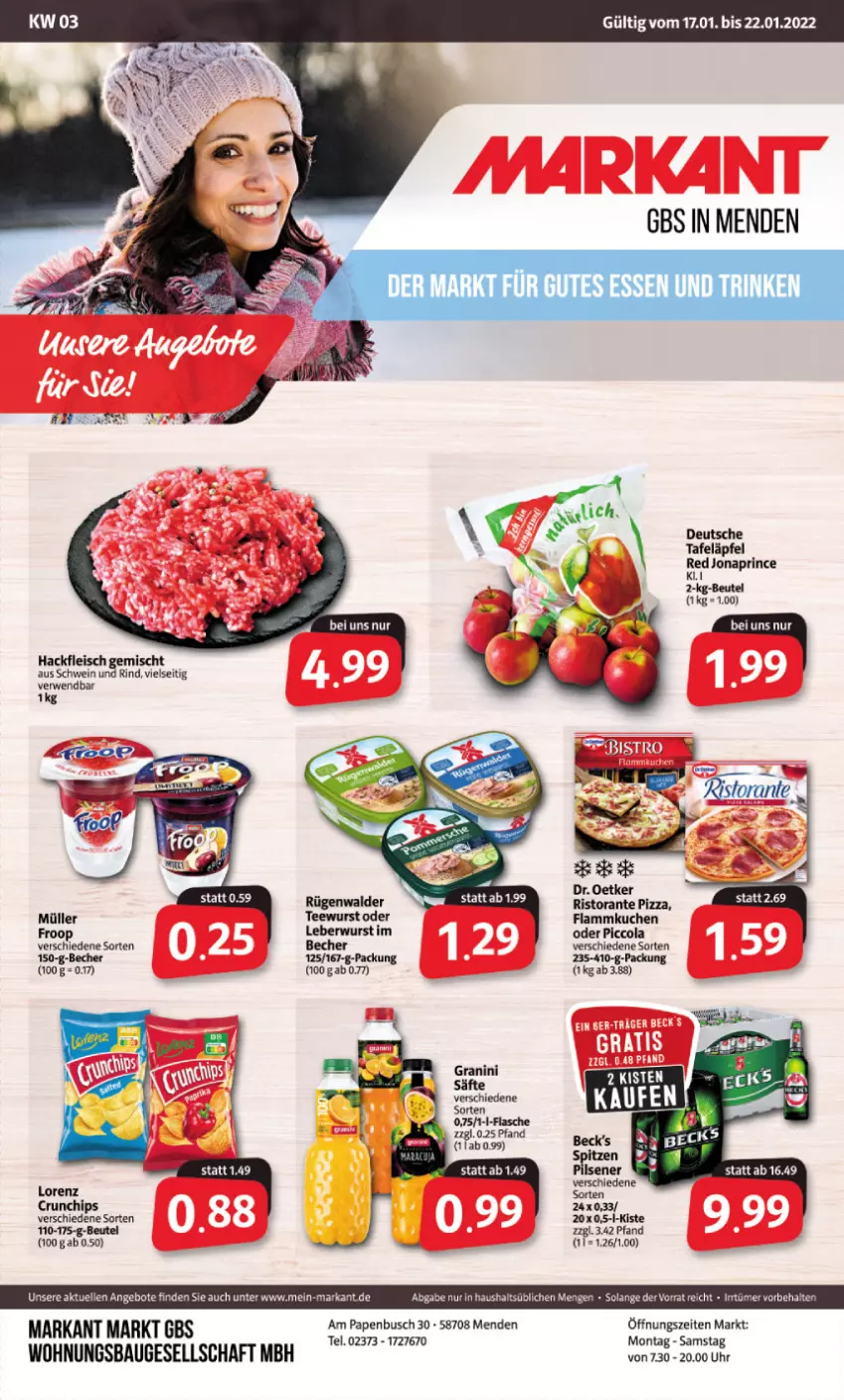 Aktueller Prospekt Markant - Prospekte - von 17.01 bis 22.01.2022 - strona 1 - produkty: angebot, angebote, Bau, Becher, beck's, beutel, cola, Dr. Oetker, eis, elle, flammkuchen, flasche, fleisch, granini, hackfleisch, hackfleisch gemischt, kuchen, lamm, lorenz, Müller, pizza, rind, ristorante, ristorante pizza, rwe, säfte, schwein, schwein und rind, tafeläpfel, Ti, uhr, wein