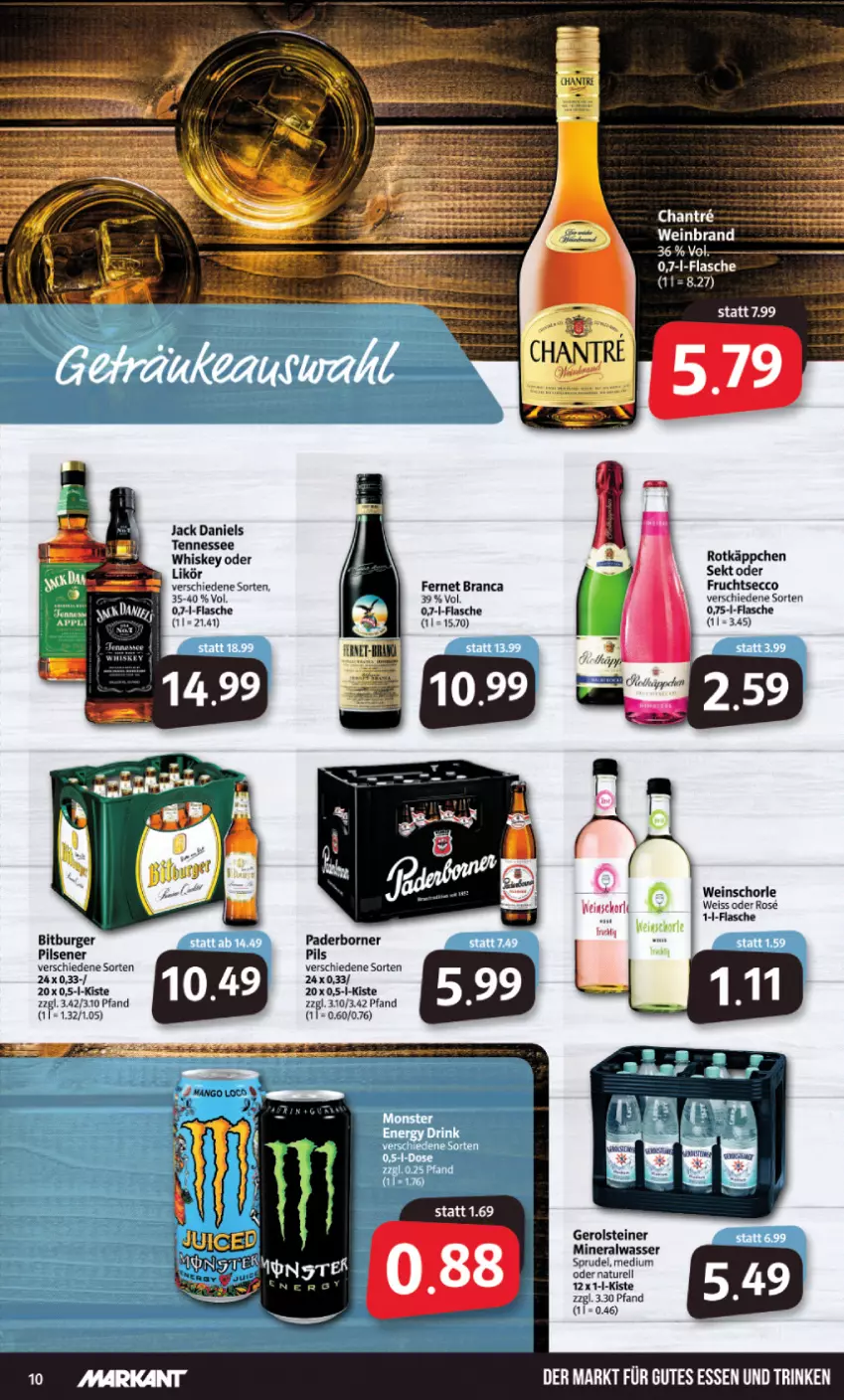 Aktueller Prospekt Markant - Prospekte - von 17.01 bis 22.01.2022 - strona 10 - produkty: Alwa, bitburger, burger, ecco, eis, Fernet, fernet branca, flasche, frucht, fruchtsecco, gerolsteine, gerolsteiner, gutes essen, jack daniel, jack daniels, likör, mineralwasser, natur, pils, pilsener, rel, rotkäppchen, schorle, sekt, Sprudel, steiner, wasser, wein, weinbrand, weinschorle, whiskey