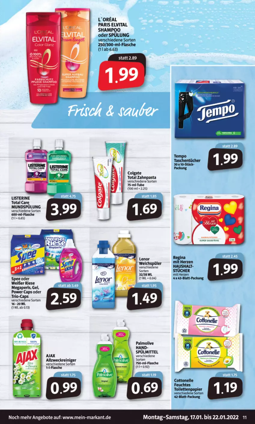 Aktueller Prospekt Markant - Prospekte - von 17.01 bis 22.01.2022 - strona 11 - produkty: ajax, allzweckreiniger, Cap, colgate, colgate total, elvital, flasche, gin, lenor, lenor weichspüler, LG, listerine, megaperls, mundspülung, olive, palmolive, papier, pasta, reiniger, shampoo, shampoo oder spülung, spülmittel, spülung, toilettenpapier, total care, tücher, vita, weck, weichspüler, zahnpasta