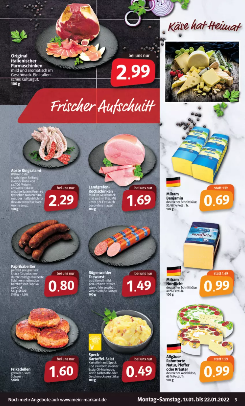 Aktueller Prospekt Markant - Prospekte - von 17.01 bis 22.01.2022 - strona 3 - produkty: angebot, angebote, dell, deutscher schnittkäse, deutscher weichkäse, elle, frikadellen, gin, kartoffel, Käse, kräuter, LG, mac, milram, natur, oder kräuter, parmaschinken, pfeffer, salat, schinken, schnittkäse, Ti, tisch, torte, weichkäse