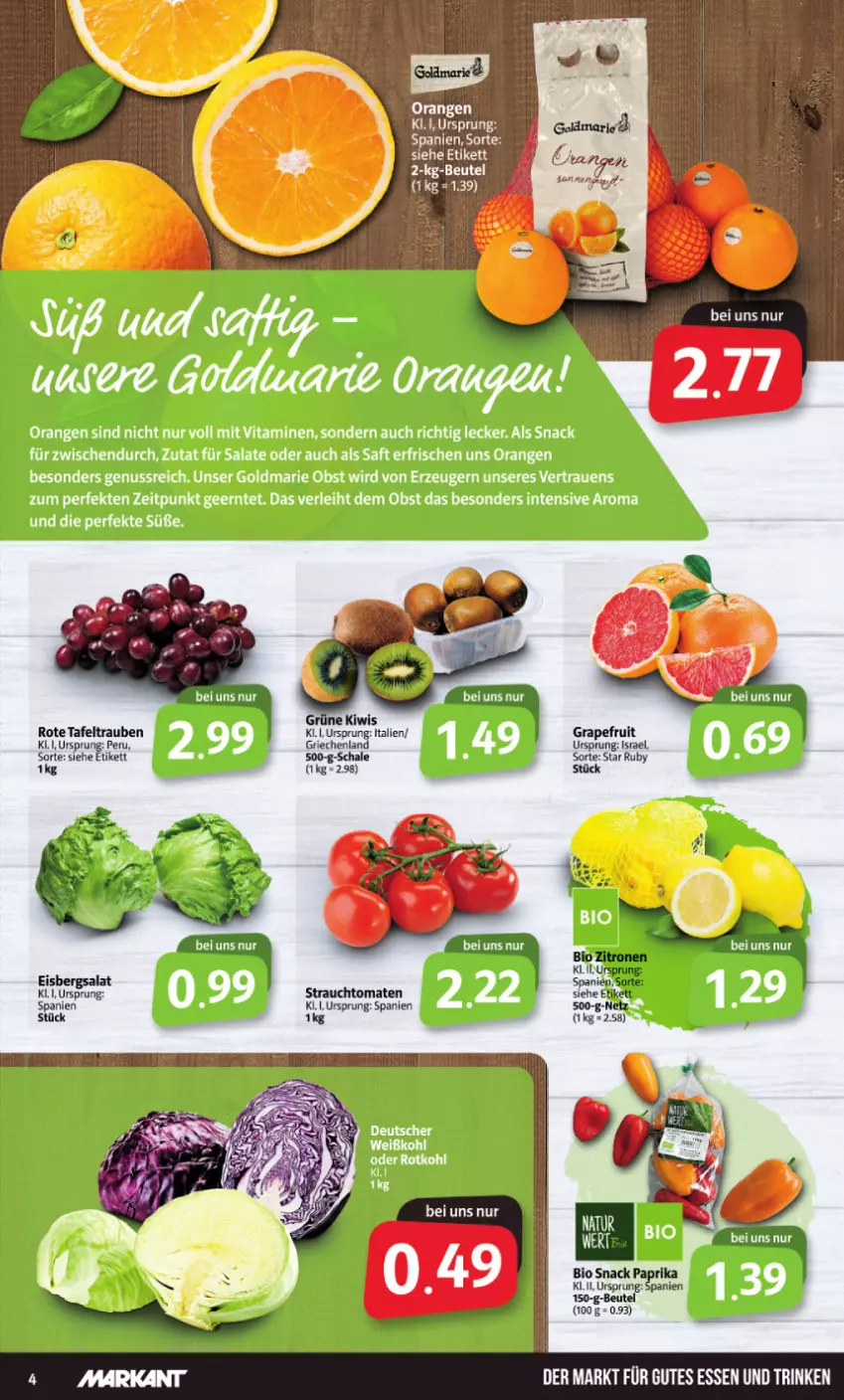 Aktueller Prospekt Markant - Prospekte - von 17.01 bis 22.01.2022 - strona 4 - produkty: beutel, bio, eis, eisbergsalat, grapefruit, gutes essen, kiwi, paprika, Rauch, salat, Schal, Schale, snack, strauchtomaten, tafeltrauben, Ti, tomate, tomaten, trauben, zitrone, zitronen