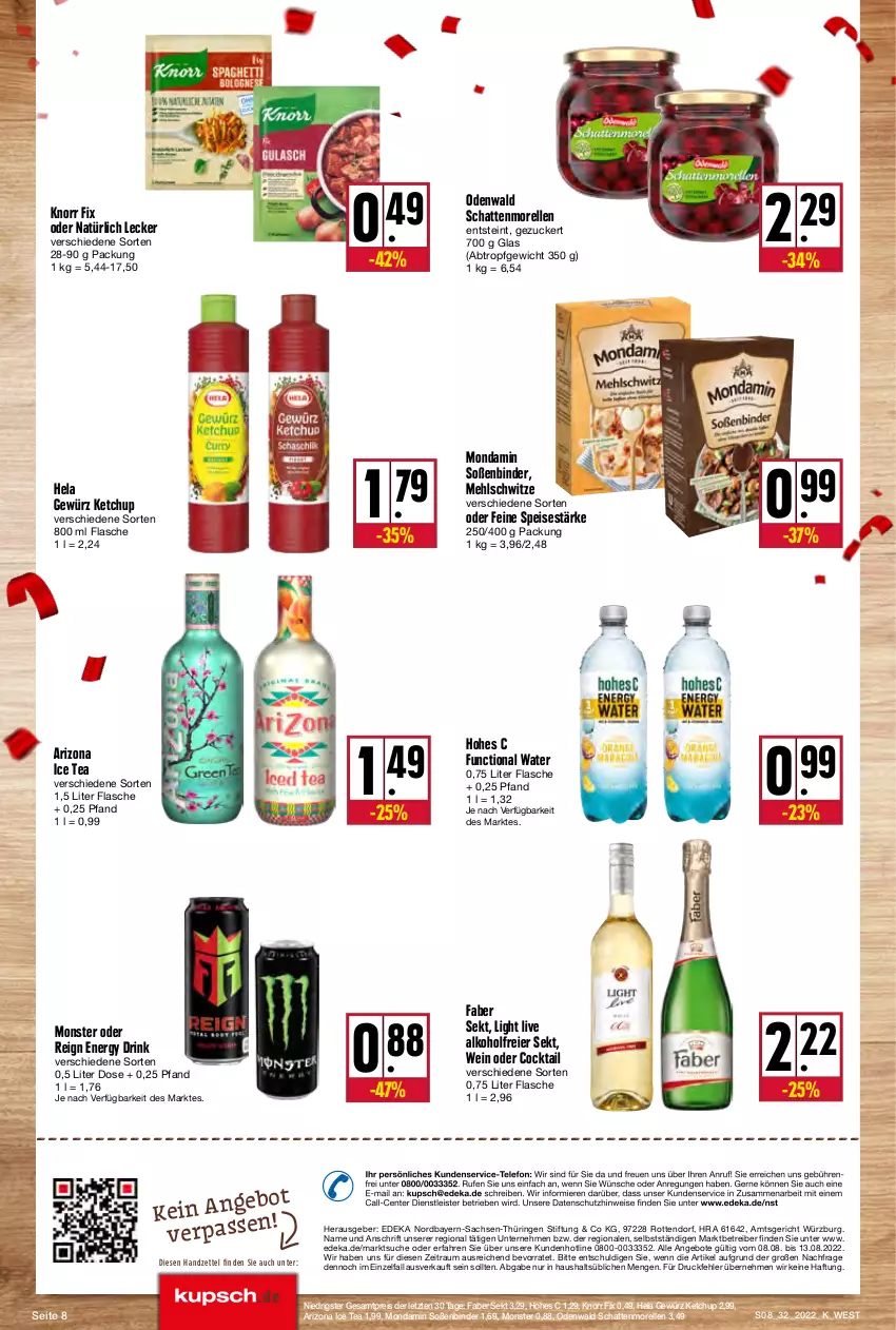 Aktueller Prospekt Kupsch - Angebote der Woche - von 08.08 bis 13.08.2022 - strona 8 - produkty: alkohol, angebot, angebote, Astra, cocktail, deka, drink, eier, eis, elle, energy drink, ente, flasche, gewürz, Hela, Hohes C, ice tea, ketchup, knorr, knorr fix, mehl, mondamin, monster, morellen, odenwald, Rauch, reis, rel, ring, sac, schattenmorellen, sekt, Soße, telefon, Ti, wein, ZTE, zucker