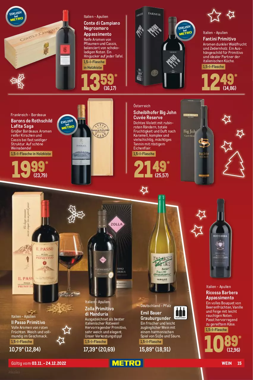 Aktueller Prospekt Metro - Präsentideen Spezial - von 03.11 bis 24.12.2022 - strona 15 - produkty: amaro, auer, Bau, Bauer, beere, beeren, burgunder, cassis, cuvée, flasche, frucht, früchte, früchten, getränk, getränke, grauburgunder, Holz, karamell, Käse, kirsch, kirsche, kirschen, küche, mac, Palette, passo, pflaume, pflaumen, primitivo, Rauch, Ria, rotwein, Rubin, schoko, sim, Ti, vanille, wein