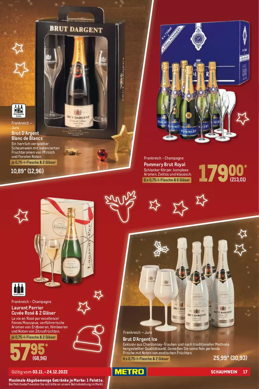 Aktueller Prospekt Metro - Präsentideen Spezial - von 03.11 bis 24.12.2022 - strona 17 - produkty: beere, beeren, brut, champagne, chardonnay, cuvée, de blancs, elle, erdbeere, erdbeeren, flasche, frucht, früchte, früchten, getränk, getränke, Gläser, himbeer, himbeere, himbeeren, Jura, mousse, Palette, perlen, pfirsich, sekt, Ti, tisch, trauben, wein