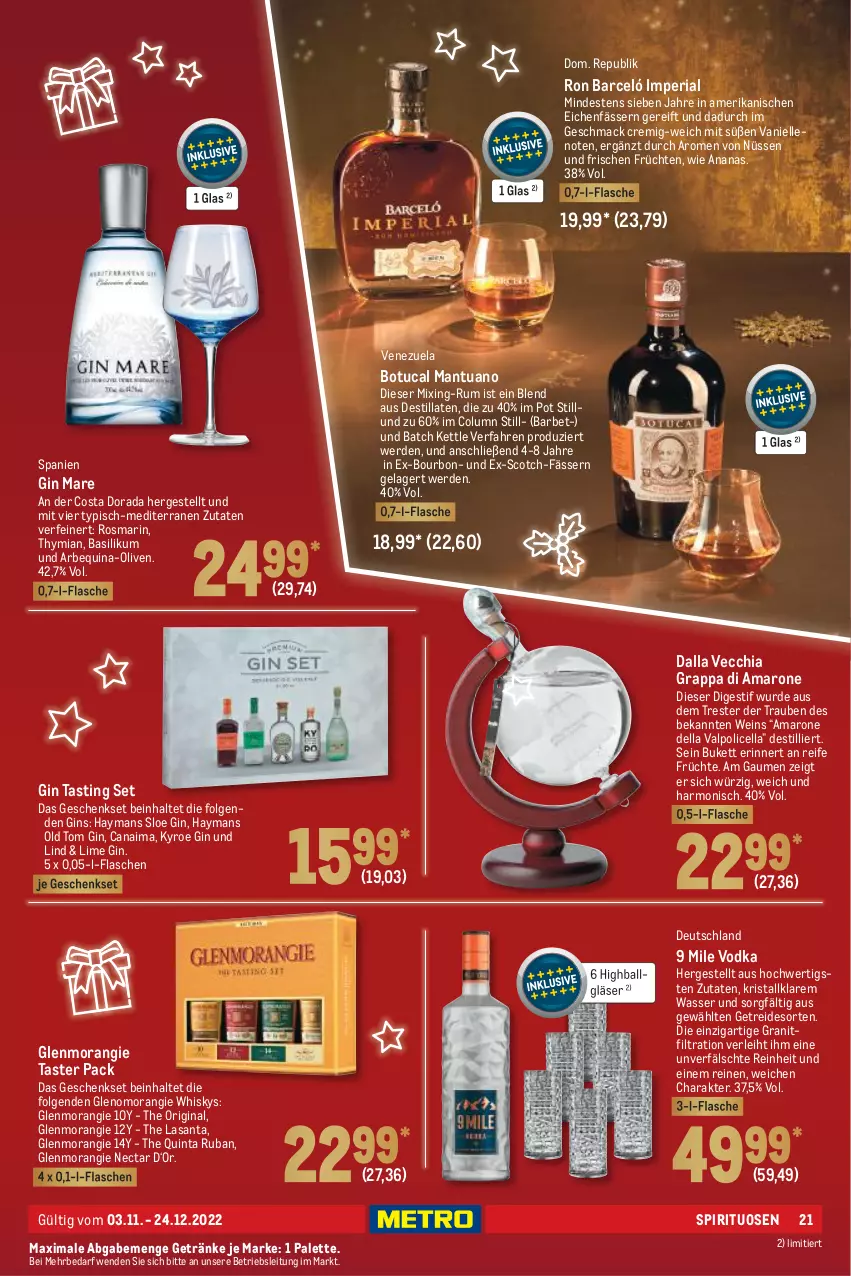 Aktueller Prospekt Metro - Präsentideen Spezial - von 03.11 bis 24.12.2022 - strona 21 - produkty: amaro, Amarone della Valpolicella, ananas, asti, ball, basilikum, bourbon, chia, dell, elle, erde, flasche, früchte, früchten, geschenkset, getränk, getränke, gin, gin mare, Gläser, grappa, LG, mac, olive, oliven, Palette, Ria, rosmarin, rum, scotch, spirituosen, Ti, trauben, tuc, Valpolicella, vodka, wasser, wein, whisky