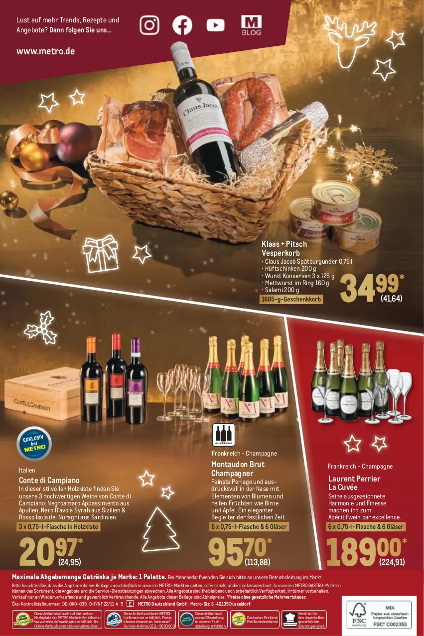 Aktueller Prospekt Metro - Präsentideen Spezial - von 03.11 bis 24.12.2022 - strona 24 - produkty: abholpreise, Abtei, amaro, angebot, angebote, apfel, auer, blume, blumen, brut, burgunder, champagne, champagner, cuvée, eis, elle, ente, finesse, flasche, früchte, früchten, getränk, getränke, Gläser, Holz, ilag, Konserven, korb, LG, lieferservice, mac, Metro, metro gastro, Mett, mettwurst, nero, Palette, perla, Rauch, reifen, reis, rezept, rezepte, ring, rwe, salami, schinken, sim, spätburgunder, Ti, wein, weine, wurst