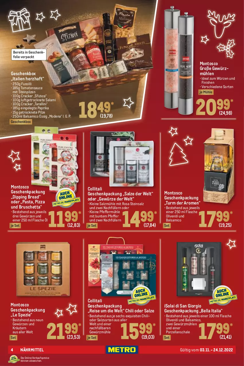 Aktueller Prospekt Metro - Präsentideen Spezial - von 03.11 bis 24.12.2022 - strona 4 - produkty: balsam, balsamico, Balsamico Essig, chili, cracker, dip, eis, essig, Finish, flasche, Geschenkbox, geschenkpackung, gewürz, Gewürzmühle, kräuter, kräutern, leine, Luftgetrocknete Salami, Mode, olive, oliven, olivenöl, paprika, pasta, pfeffer, Pfeffermühle, pilze, pizza, reis, salami, salz, Salzmühle, sauce, Schal, Schale, Spezi, Steinpilze, Ti, tomate, tomaten, tomatensauce