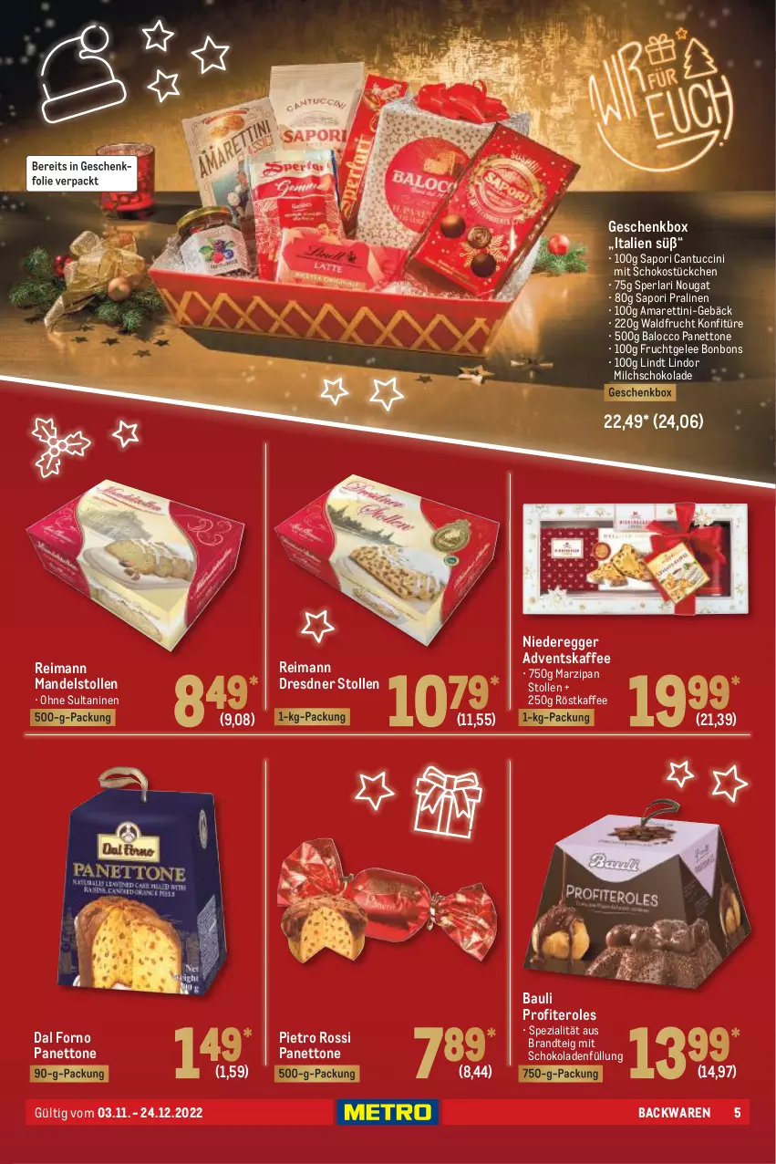 Aktueller Prospekt Metro - Präsentideen Spezial - von 03.11 bis 24.12.2022 - strona 5 - produkty: backwaren, Bau, bonbons, brandt, cantuccini, cin, Dresdner Stollen, Egger, frucht, gelee, Geschenkbox, kaffee, konfitüre, lindor, lindt, mandel, marzipan, milch, perla, pralinen, Profiteroles, röstkaffee, schoko, schokolade, schokoladen, Spezi, Stollen, Ti, tuc