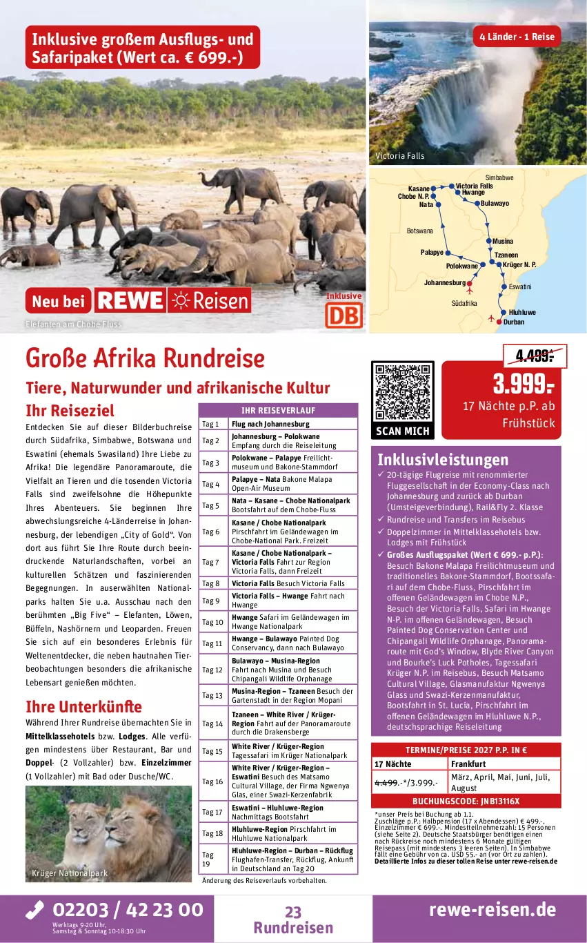 Aktueller Prospekt Rewe Reisen - Reiseprospekt - von 30.10 bis 25.12.2026 - strona 23 - produkty: amaro, Bad, buch, decke, deutschsprachige reiseleitung, dusche, eis, Elefant, elle, ente, Faktu, Garten, gin, inklusivleistungen, kerze, krüger, natur, naturland, pril, rama, reis, reiseverlauf, rel, Ria, Silan, sim, simba, Ti, Tiere, uhr, Wild, Yo