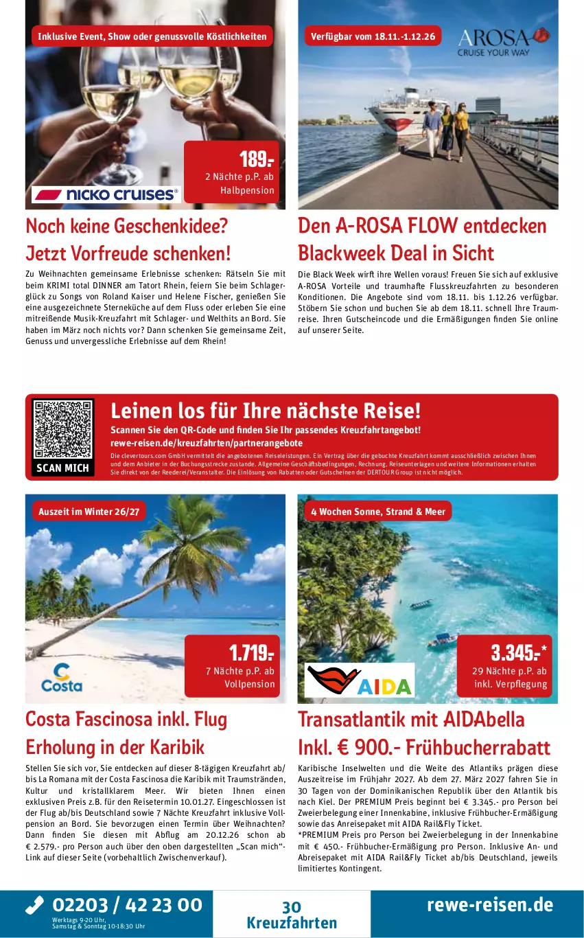 Aktueller Prospekt Rewe Reisen - Reiseprospekt - von 30.10 bis 25.12.2026 - strona 30 - produkty: angebot, angebote, black week, Brei, buch, cin, decke, eier, eis, elle, fisch, fische, Fischer, gin, gutschein, gutscheine, Kaiser, kreuzfahrten, küche, lack, leine, LG, nuss, reis, Ti, uhr, weihnachten