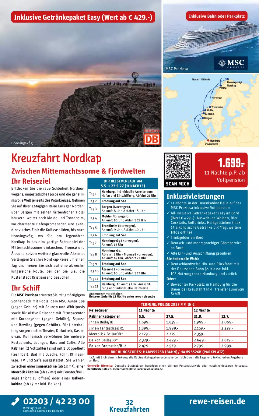 Aktueller Prospekt Rewe Reisen - Reiseprospekt - von 30.10 bis 25.12.2026 - strona 32 - produkty: alkohol, alkoholische getränke, angebot, angebote, asti, auer, Bad, balkonkabine, bett, bier, buch, cocktail, cocktails, decke, drink, drinks, dusche, eis, elle, ente, fanta, fenster, getränk, getränke, harman, Holz, inklusivleistungen, kreuzfahrten, meerblickkabine, Persona, pool, reis, reiseverlauf, rel, rwe, Thea, Ti, tisch, uhr, wein, weine, Whirlpool
