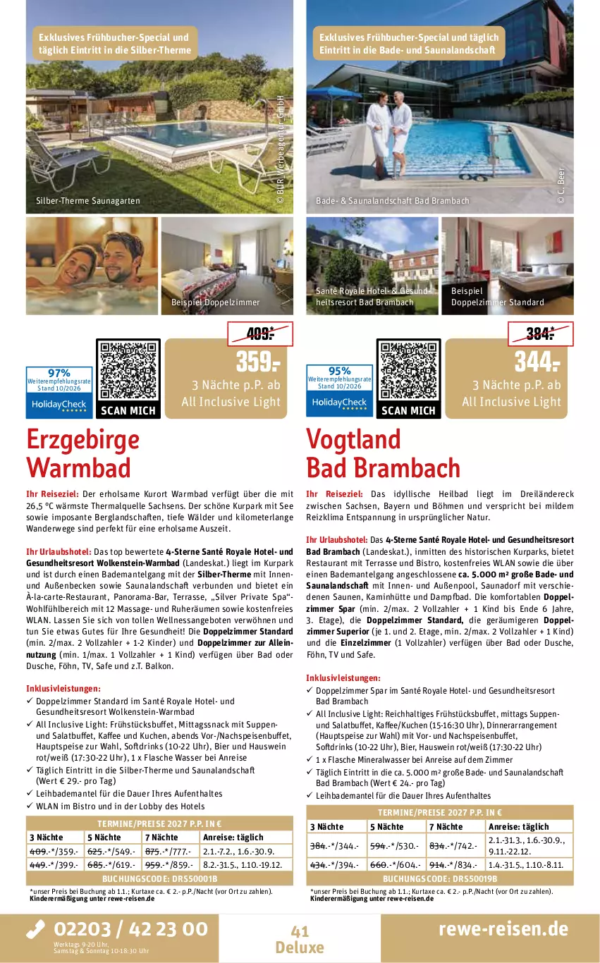 Aktueller Prospekt Rewe Reisen - Reiseprospekt - von 30.10 bis 25.12.2026 - strona 41 - produkty: Alwa, angebot, angebote, auer, axe, Bad, Bademantel, bier, buch, drink, drinks, dusche, eis, elle, flasche, Garten, Gesundheit, inklusivleistungen, kaffee, Kamin, Kinder, kuchen, kurtaxe, LG, Mantel, mineralwasser, natur, pool, rama, reis, rwe, sac, salat, SANTE, snack, suppe, suppen, Ti, uhr, wasser, wein