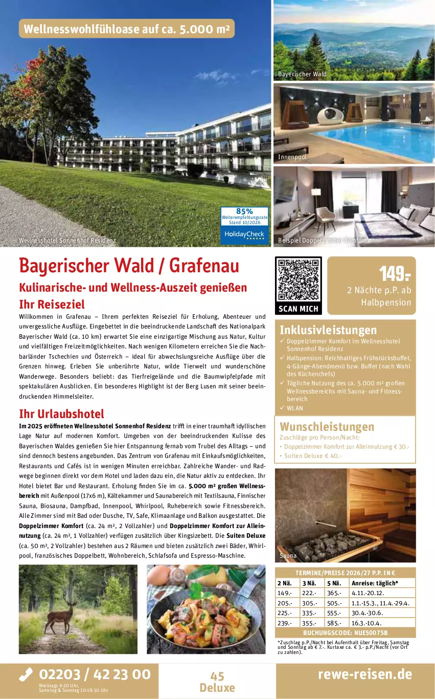 Aktueller Prospekt Rewe Reisen - Reiseprospekt - von 30.10 bis 25.12.2026 - strona 45 - produkty: axe, Bad, Bau, bett, bio, buch, decke, dusche, eis, ente, espresso, gin, inklusivleistungen, innenpool, küche, Küchen, kurtaxe, Mode, natur, pool, reis, rum, rwe, schlafsofa, Sofa, Ti, uhr, usb, wellnessbereich, Whirlpool, Wild