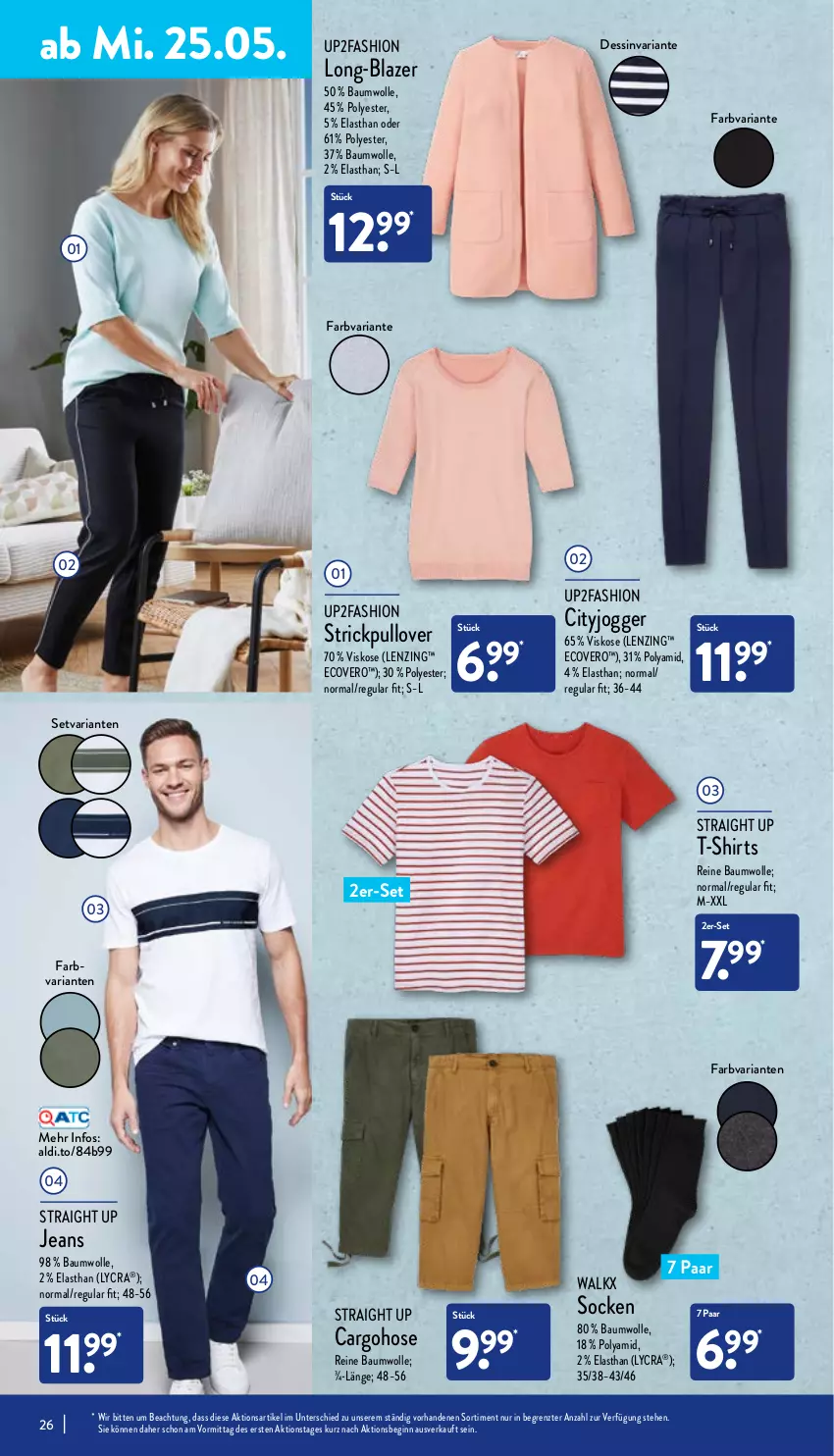 Aktueller Prospekt Aldi Nord - Aldi-Vorschau - von 23.05 bis 28.05.2022 - strona 26 - produkty: aldi, Bau, baumwolle, Blazer, ecovero, gin, hose, jeans, lenzing, Pullover, reine baumwolle, Ria, shirt, shirts, socken, Strickpullover, T-Shirt, Ti, up2fashion, walkx, wolle, ZTE