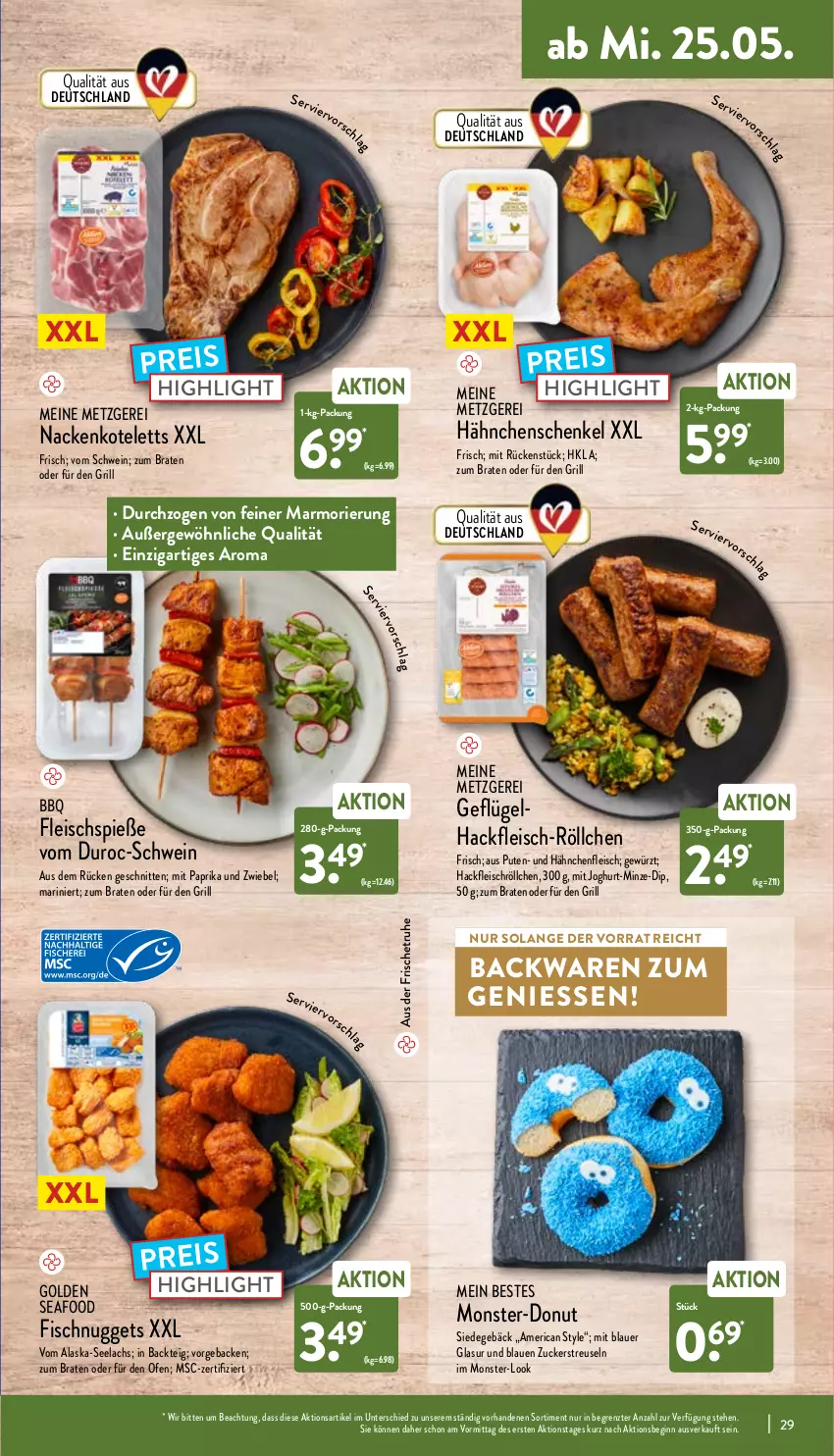 Aktueller Prospekt Aldi Nord - Aldi-Vorschau - von 23.05 bis 28.05.2022 - strona 29 - produkty: Alaska-Seelachs, auer, backwaren, braten, dip, Donut, eis, fisch, fleisch, Fleischspieße, geback, Geflügel, gewürz, gin, grill, hackfleisch, Hähnchenfleisch, hähnchenschenkel, henkel, joghur, joghurt, kotelett, lachs, minze, mit paprika, monster, nackenkoteletts, nuggets, Ofen, paprika, pute, reis, schenkel, schnitten, schwein, Ti, wein, ZTE, zucker, zwiebel