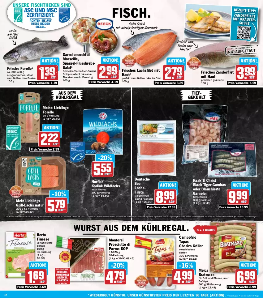 Aktueller Prospekt Hit - Wochenprospekt - von 02.06 bis 07.06.2025 - strona 10 - produkty: aqua, aus dem kühlregal, axe, braten, bratmaxe, campofrio, chorizo, cocktail, dressing, eis, elle, filet, filets, finesse, fisch, fische, Fischer, fischtheke, fleisch, Flusskrebssalat, forelle, frischfisch, für grill und pfanne, garnelen, Geflügel, grill, grill und pfanne, grill-lachs, herta, herta finesse, ideal zum grillen, kräuter, Krebs, kühlregal, lachs, lachsfilet, lachsfilets, lack, lenco, mac, mars, meica, montorsi, natur, Ofen, pfanne, prosciutto, Prosciutto di Parma, regal, reis, rel, salat, Schere, spargel, Tapas, Ti, tisch, und pfanne, Wild, wildlachs, wurst, Zander, ZTE