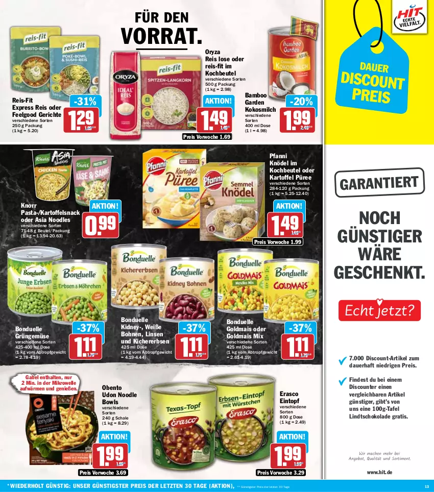 Aktueller Prospekt Hit - Wochenprospekt - von 02.06 bis 07.06.2025 - strona 13 - produkty: auer, bamboo, beutel, bohne, bohnen, bonduelle, bonduelle goldmais, discount, eintopf, eis, elle, erasco, erbsen, gabel, Goldmais, goldmais oder, kartoffel, kichererbsen, kidney, Knödel, knorr, knorr pasta, kochbeutel, kokos, kokosmilch, LG, lindt, linsen, mais, mikrowelle, milch, oryza, pasta, pfanni, püree, reis, reis-fit, Schal, Schale, schoko, schokolade, snack, Ti, topf, Weiße Bohnen, ZTE