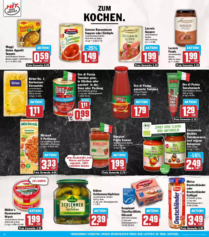 Aktueller Prospekt Hit - Wochenprospekt - von 02.06 bis 07.06.2025 - strona 14 - produkty: beutel, bio, birkel, bolognese, eier, eiernudeln, eintöpfe, eis, filet, filets, fisch, flasche, Geflügel, hartweizen, Hausmacher, Kühne, mac, maggi, meica, Mirácoli, Müller, nudel, nudeln, olive, oliven, olivenöl, oro di parma, pasta, Pasta Sauce, reis, sauce, saucen, saupiquet, schlemmertöpfchen, suppe, suppen, thunfisch, Ti, tomate, tomaten, tomatenmark, tomatensauce, Töpfchen, wasser, wurst, ZTE, zucker
