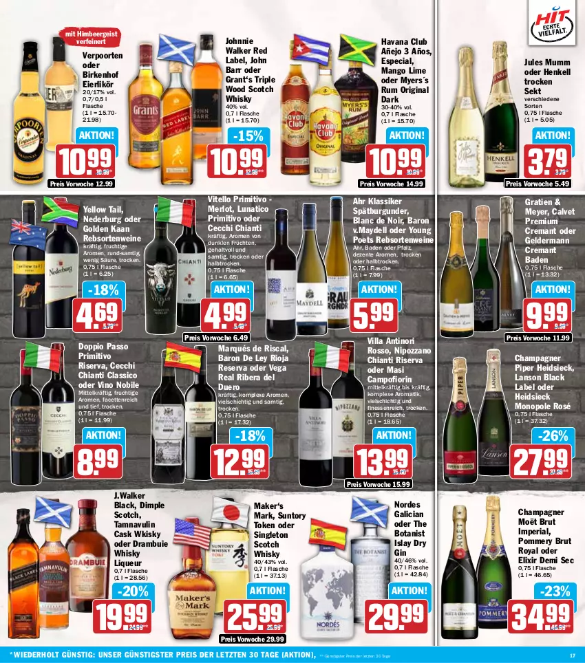 Aktueller Prospekt Hit - Wochenprospekt - von 02.06 bis 07.06.2025 - strona 17 - produkty: Bad, black label, brut, burgunder, champagne, champagner, chia, chianti, classico, dell, doppio passo, dry gin, eier, eierlikör, eis, ente, finesse, flasche, frucht, früchte, früchten, geldermann, gin, Grant‘s, Havana Club, henkel, henkell, Henkell Trocken, himbeer, John Barr, johnnie walker, jules mumm, lack, likör, liqueur, mango, merl, merlot, mumm, nederburg, passo, primitivo, rebsortenweine, reis, Ria, rioja, riserva, rum, scotch, scotch whisky, sekt, spätburgunder, Ti, verpoorten, wein, weine, whisky, yellow tail, Yo, ZTE