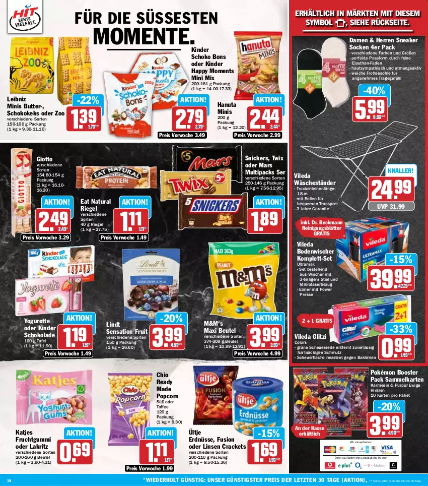 Aktueller Prospekt Hit - Wochenprospekt - von 02.06 bis 07.06.2025 - strona 18 - produkty: beutel, bodenwischer, butter, Dr. Beckmann, eimer, eis, ente, erdnüsse, frucht, fruchtgummi, giotto, hanuta, Heu, katjes, keks, Kinder, kinder schokolade, Lakritz, leibniz, leine, lindt, linsen, mars, mikrofaser, natur, natura, oder lakritz, popcorn, rama, Reinigung, reis, riegel, schoko, schokolade, sneaker, sneaker socken, snickers, socken, Sport, tee, Ti, Tiere, twix, ültje, ültje erdnüsse, vileda, Yo, yogurette, ZTE