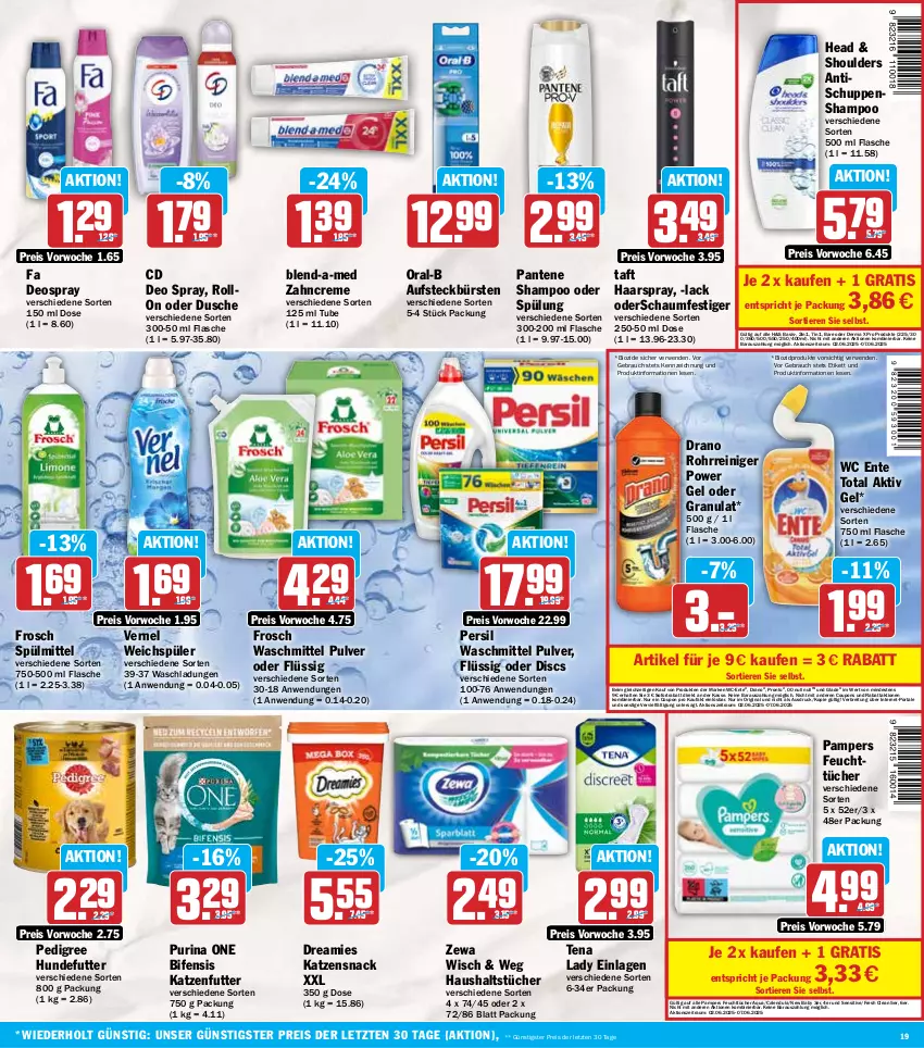 Aktueller Prospekt Hit - Wochenprospekt - von 02.06 bis 07.06.2025 - strona 19 - produkty: aktiv gel, aqua, aufsteckbürsten, bio, biozidprodukte, blend-a-med, Brei, bürste, bürsten, Calendula, coupon, coupons, creme, deo, deo spray, deospray, dreamies, dusche, eis, ente, feuchttücher, flasche, Frosch, gin, Glade, haarspray, haushaltstücher, katzenfutter, katzensnack, lack, oral-b, pampers, pantene, pedigree, persil, persil waschmittel, Pronto, purina, Rauch, reiniger, reis, rwe, schaumfestiger, shampoo, shampoo oder spülung, snack, sofortrabatt, spülmittel, spülung, Taft, Tena Lady, Ti, Tiere, tisch, tücher, vernel, waschmittel, wc ente, weichspüler, zahncreme, zewa, ZTE