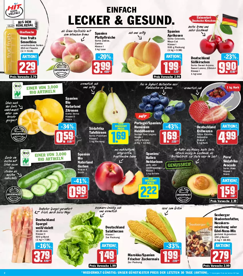 Aktueller Prospekt Hit - Wochenprospekt - von 02.06 bis 07.06.2025 - strona 2 - produkty: aprikose, aprikosen, auer, aufstrich, aus dem kühlregal, avocado, Bau, beere, beeren, Berger, beutel, bio, Birnen, brot, brotaufstrich, butter, deutscher spargel, discount, eis, elle, ente, erdbeere, erdbeeren, flasche, fleisch, glasflasche, grill, gurke, gurken, heidelbeere, heidelbeeren, ideal zum grillen, joghur, joghurt, kirsch, kirsche, kirschen, korb, kuchen, kühlregal, lorenz, mac, mais, natur, naturland, Nektar, nektarinen, nuss, obst, pasta, Pfannkuchen, pfirsich, pfirsiche, plattpfirsiche, regal, reis, rum, saft, salat, salate, salatherzen, salz, Schal, Schale, seeberger, smoothie, smoothies, spargel, studentenfutter, tafelbirnen, Ti, tisch, true fruits, zitrone, zitronen, ZTE, zucker, zuckermais