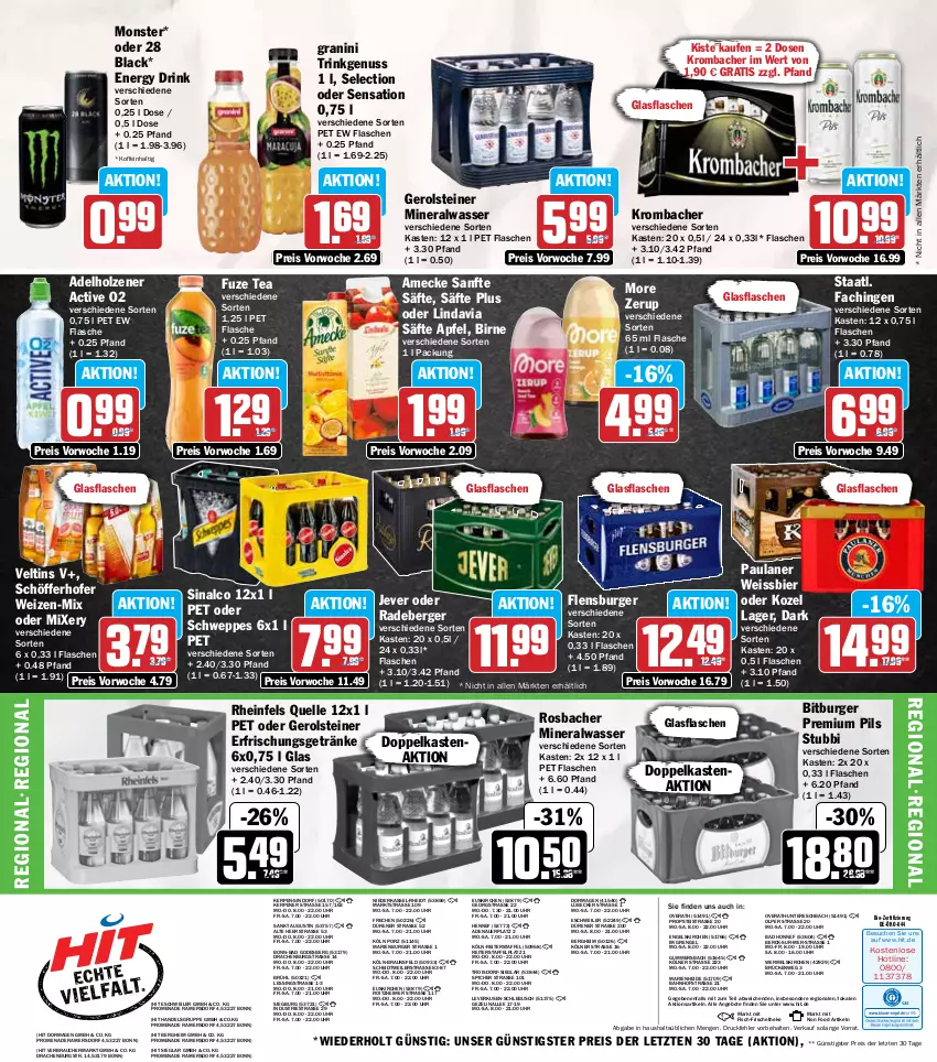 Aktueller Prospekt Hit - Wochenprospekt - von 02.06 bis 07.06.2025 - strona 22 - produkty: adelholzener, Alwa, amecke, angebot, angebote, apfel, auer, Bad, Berger, bier, bio, bitburger, braun, burger, drink, eimer, eis, elle, energy drink, Engel, erfrischungsgetränk, erfrischungsgetränke, fisch, flasche, flensburger, fuze tea, gerolsteine, gerolsteiner, getränk, getränke, glasflasche, granini, Holz, jever, Kozel, krombache, krombacher, lack, Lübecker, mineralwasser, Mixer, mixery, monster, nuss, Paula, paulaner, pils, premium pils, radeberger, Rauch, reis, rheinfels quelle, säfte, schöfferhofer, schweppes, sinalco, Staatl. Fachingen, steiner, Ti, uhr, veltins, wasser, weissbier, ZTE