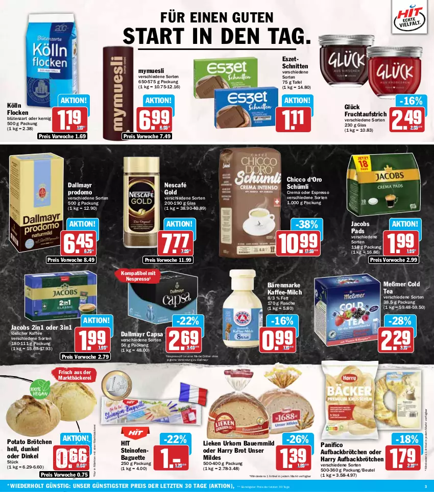 Aktueller Prospekt Hit - Wochenprospekt - von 02.06 bis 07.06.2025 - strona 3 - produkty: auer, aufstrich, baguette, bärenmarke, Bau, Bauer, beutel, Blüte, brot, brötchen, Cap, dallmayr, dallmayr capsa, dallmayr prodomo, eis, espresso, flasche, frucht, fruchtaufstrich, jacobs, kaffee, kölln, korn, lieken, löslicher kaffee, Meßmer, milch, Nescafé, nescafé gold, nespresso, oder espresso, Ofen, prodomo, reis, ritter, schnitten, steinofen, Ti, urkorn, ZTE