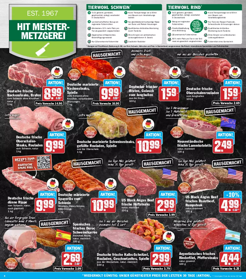 Aktueller Prospekt Hit - Wochenprospekt - von 02.06 bis 07.06.2025 - strona 8 - produkty: auer, Bau, Bauer, beef, bio, braten, eis, ente, filet, fleisch, Geflügel, geschnetzeltes, gewürz, gulasch, hüftsteak, hüftsteaks, jungbullen, kotelett, lack, lamm, lammkotelett, mais, Meister, milch, monitor, Nackensteak, nackensteaks, natur, Nestea, Oberschalenrouladen, orange, pfeffer, pute, reis, Ria, rind, rinder, rinderfilet, ring, roastbeef, rouladen, rum, rumpsteak, Schal, Schale, schnitten, schnitzel, schwein, schweine, spare ribs, spareribs, Spezi, Sport, steak, steaks, Ti, Tiere, tisch, wein, weine, Weste, Zelt, ZTE